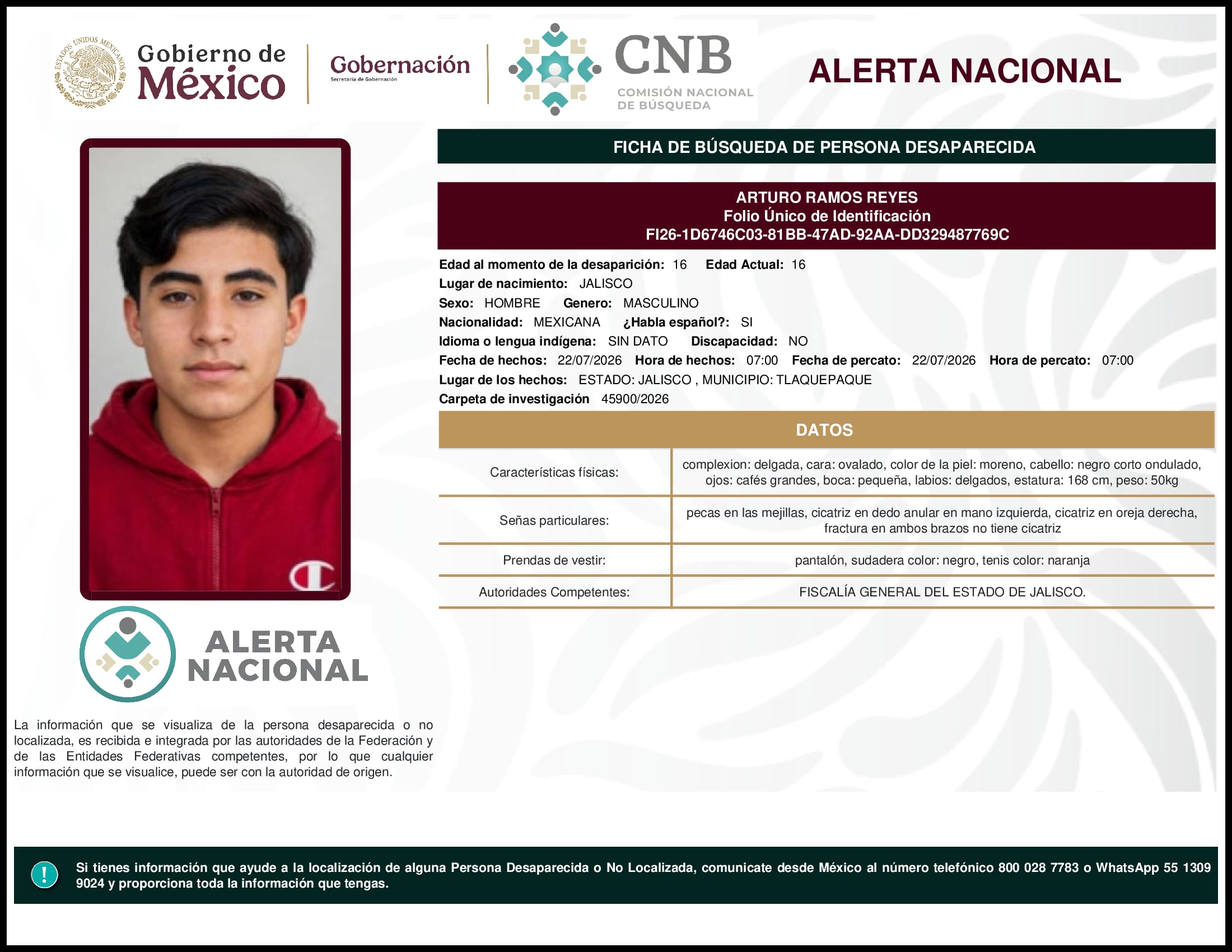 Persona desaparecida Arturo Ramos Reyes