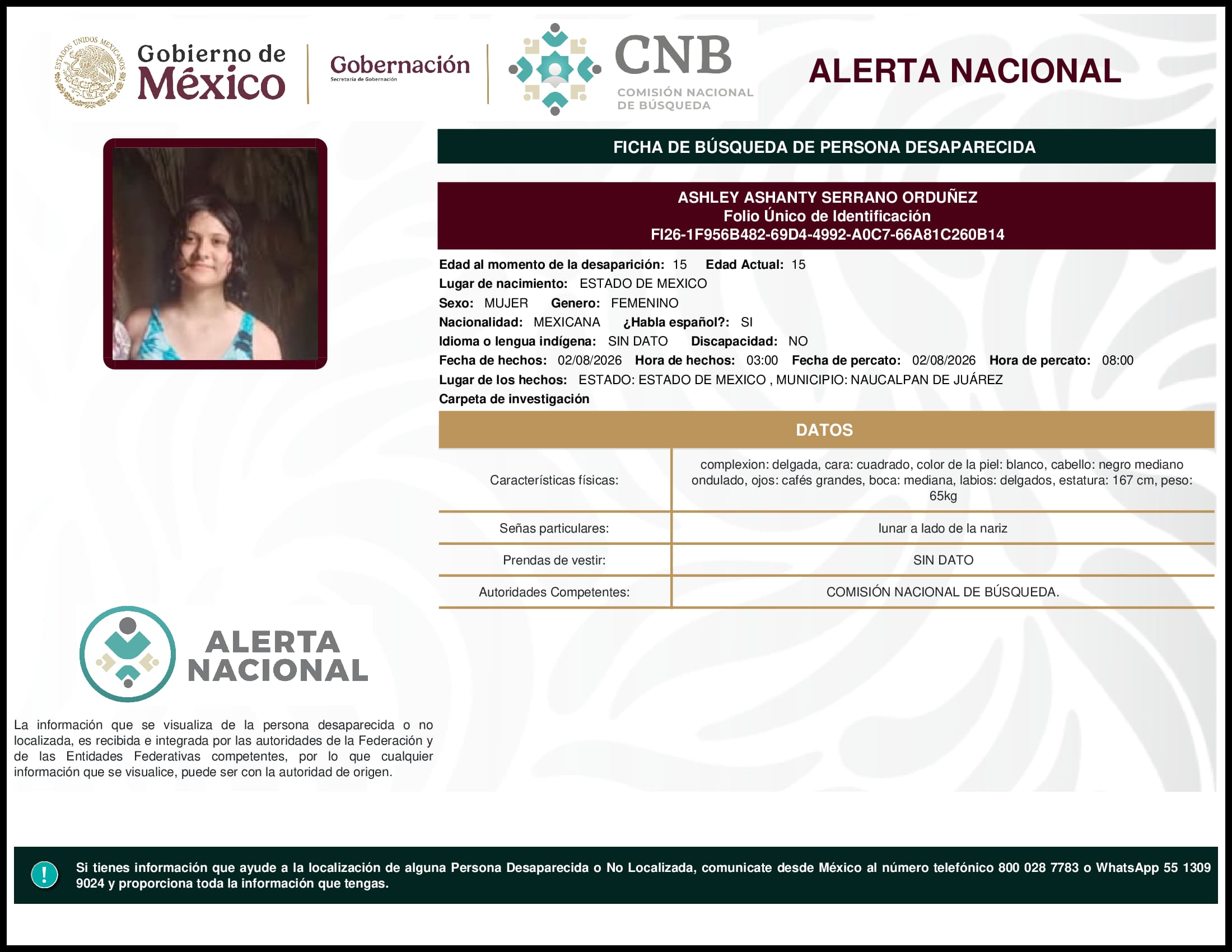 Persona desaparecida Ashley Ashanty Serrano Ordunez