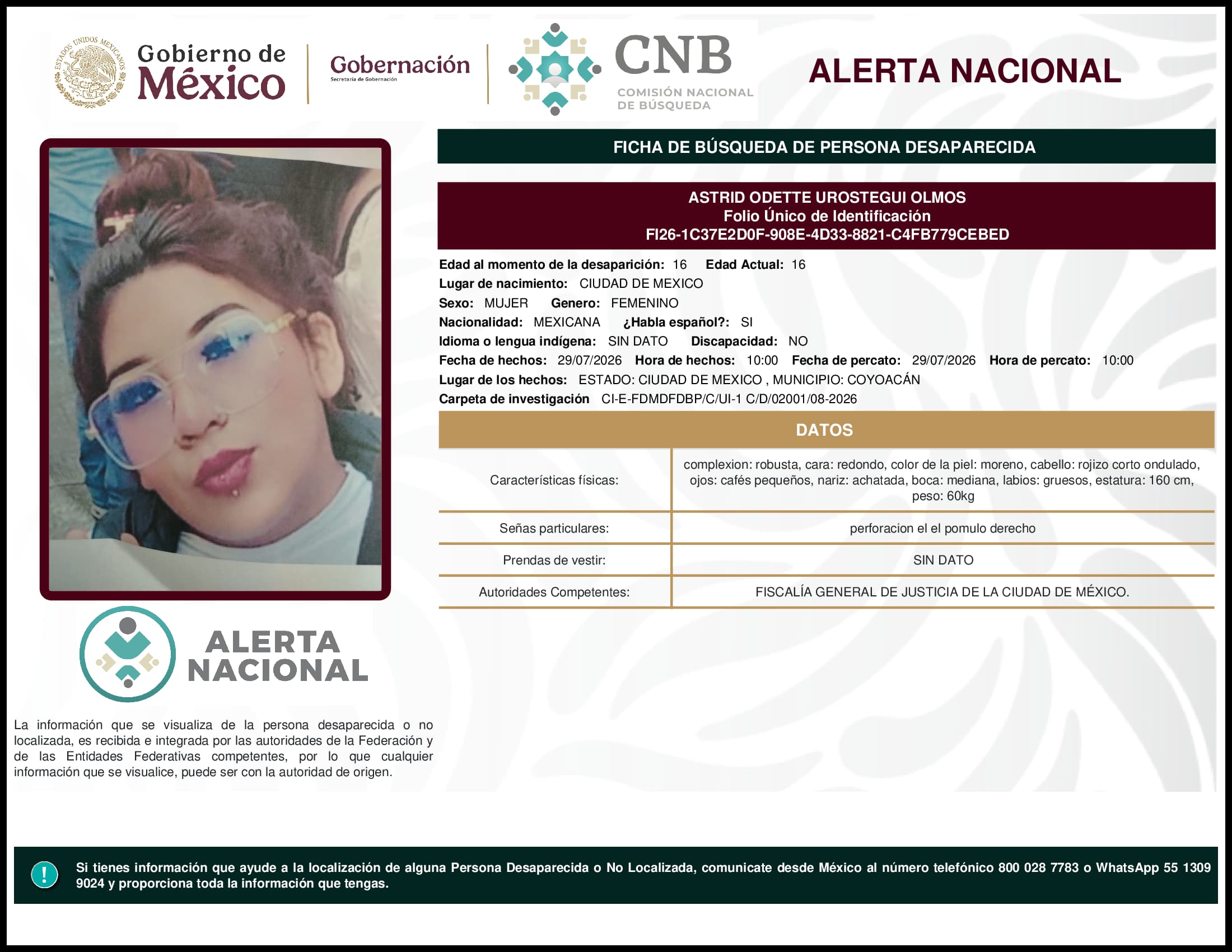 Persona desaparecida Astrid Odette Urostegui Olmos