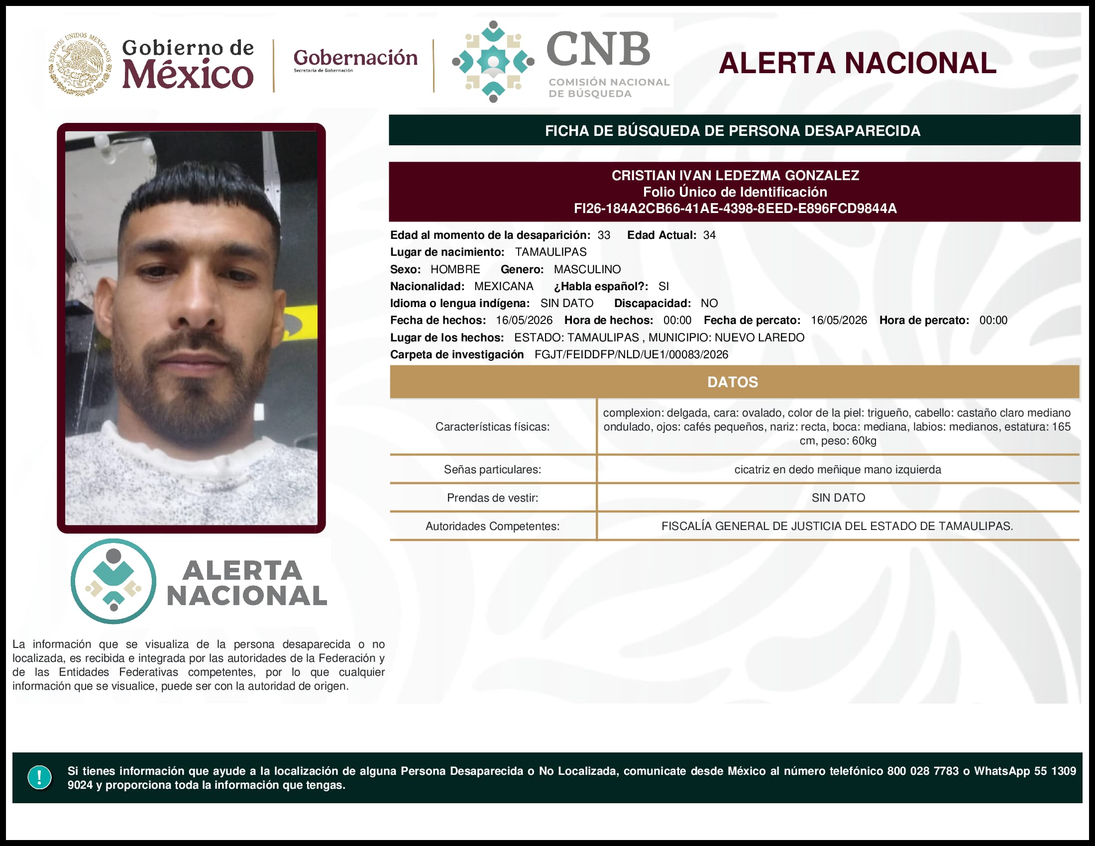 Persona desaparecida Cristian Ivan Ledezma Gonzalez