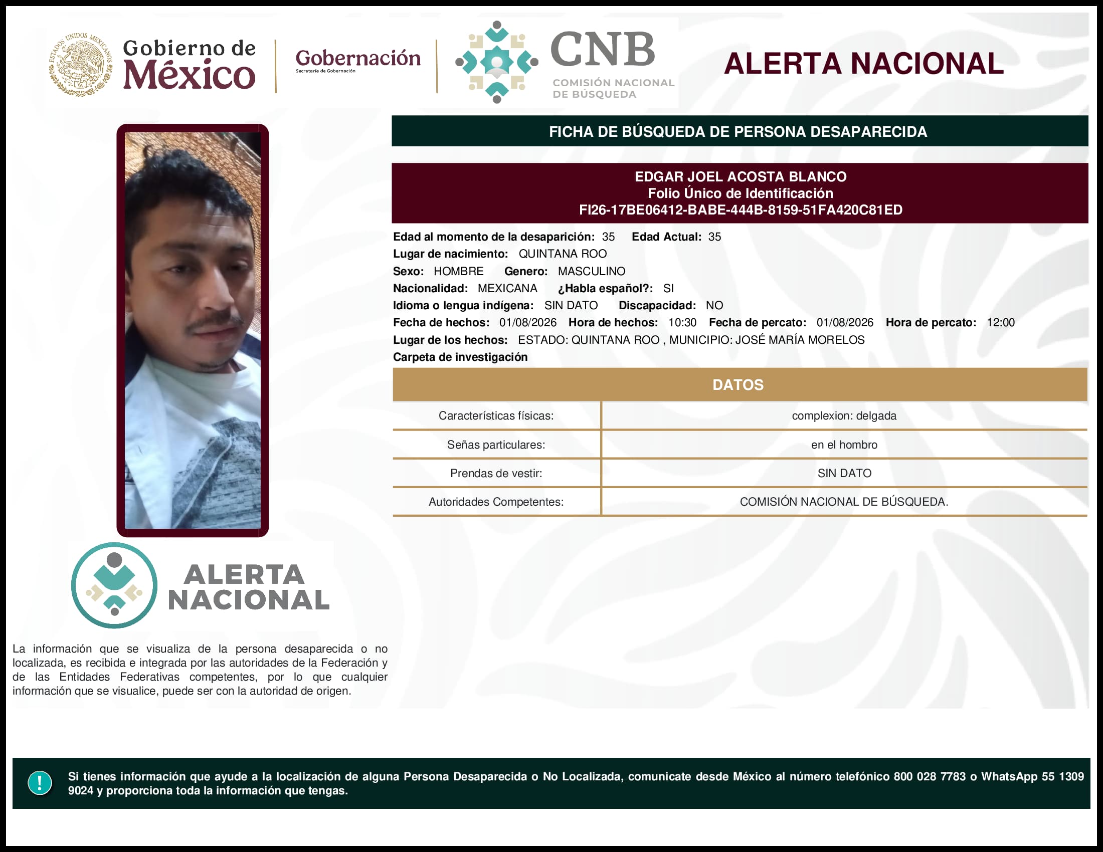 Persona desaparecida Edgar Joel Acosta Blanco