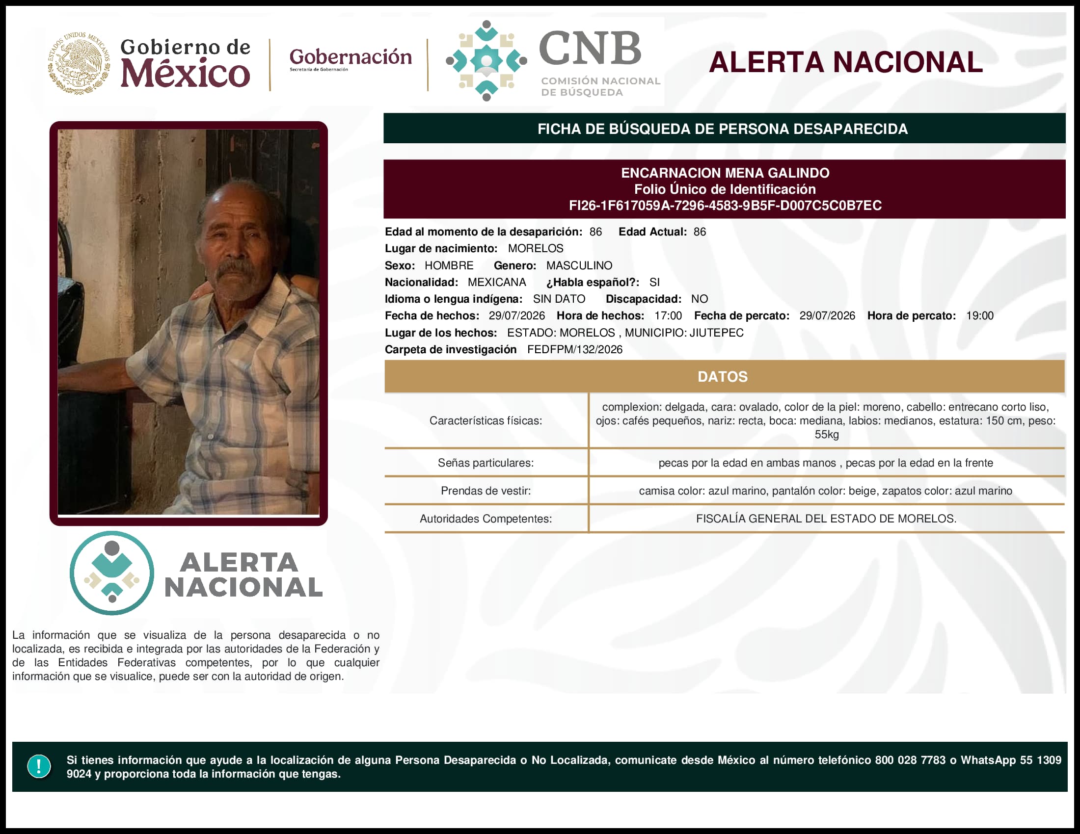 Persona desaparecida Encarnacion Mena Galindo