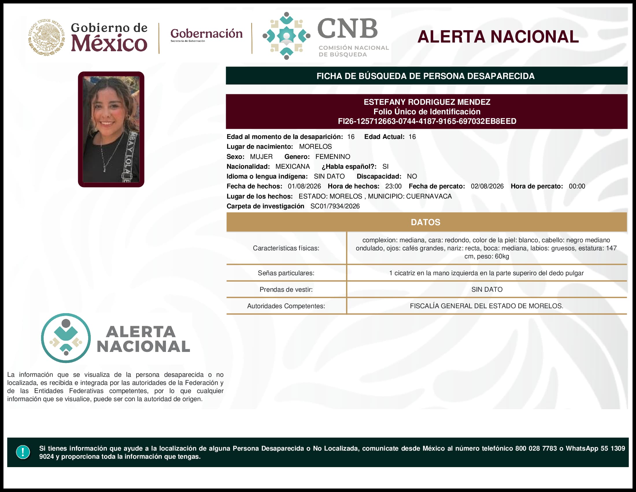 Persona desaparecida Estefany Rodriguez Mendez