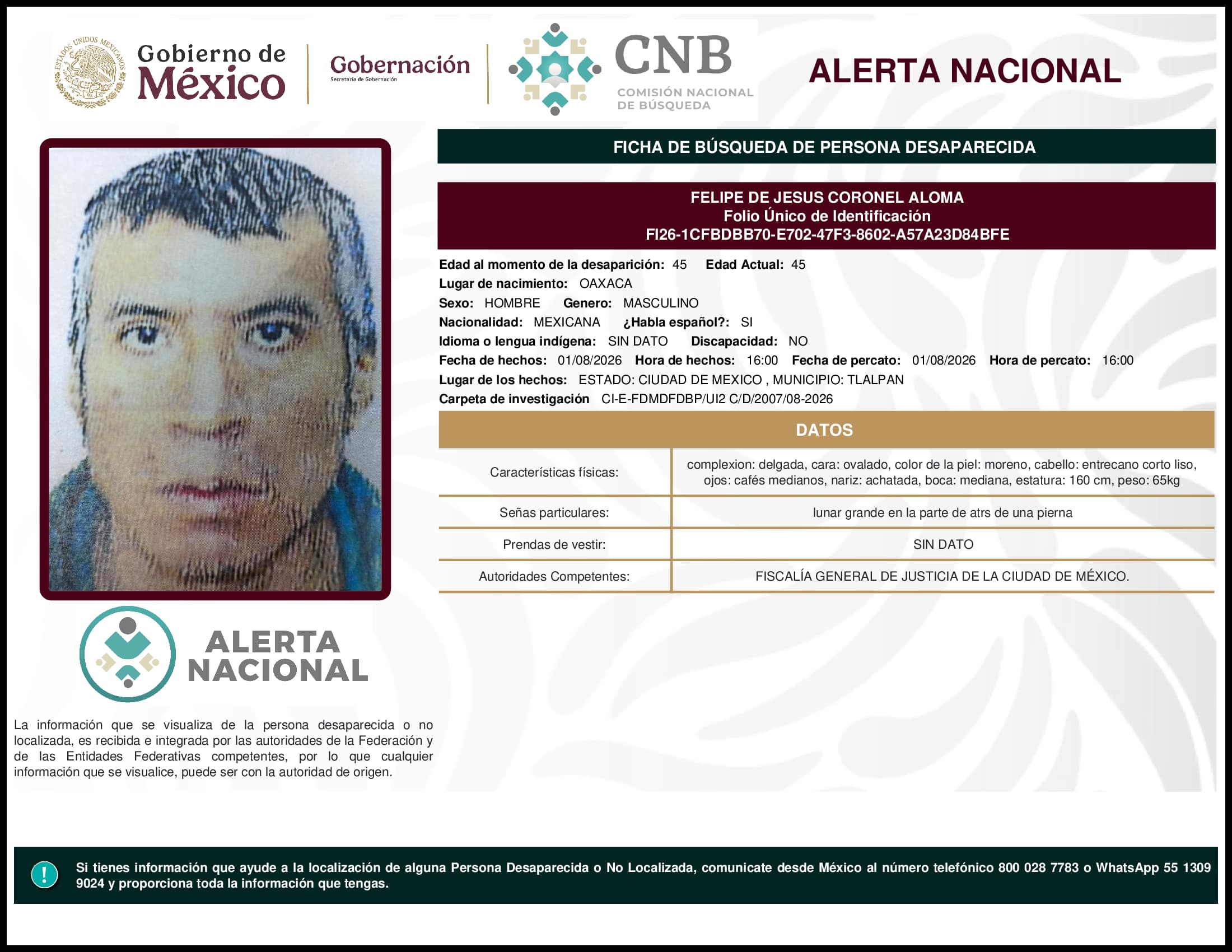 Persona desaparecida Felipe De Jesus Coronel Aloma
