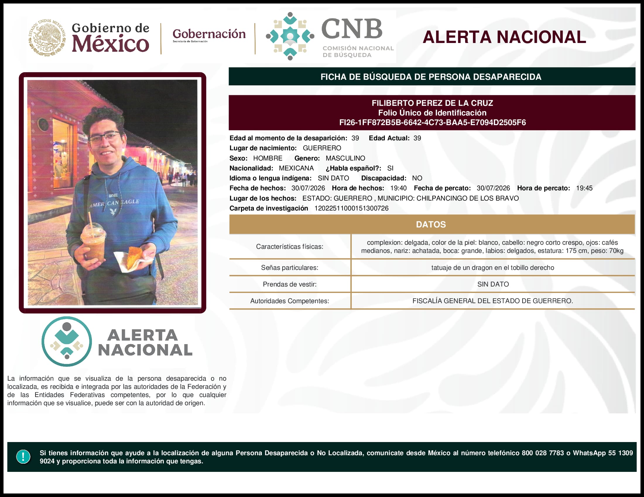 Persona desaparecida Filiberto Perez De La Cruz
