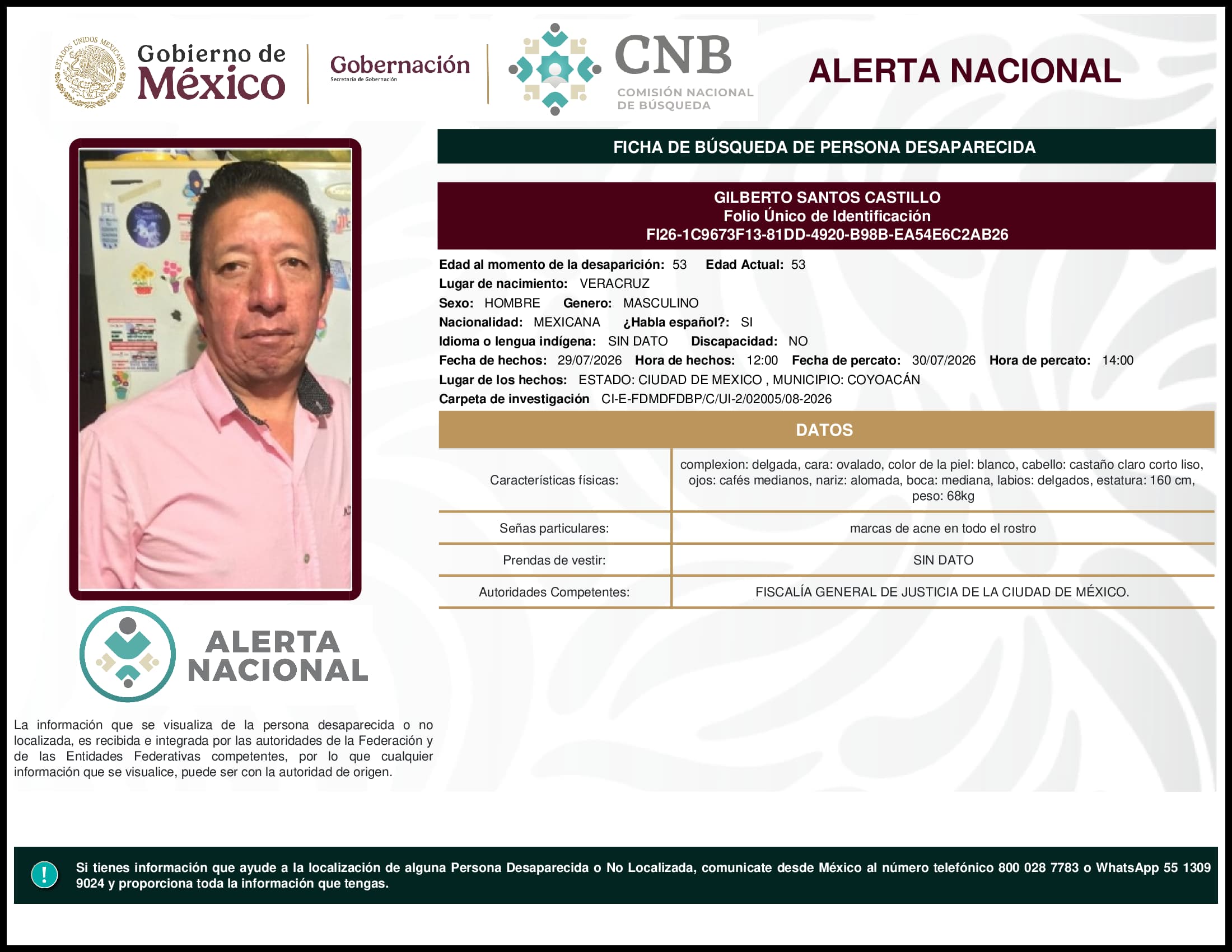 Persona desaparecida Gilberto Santos Castillo