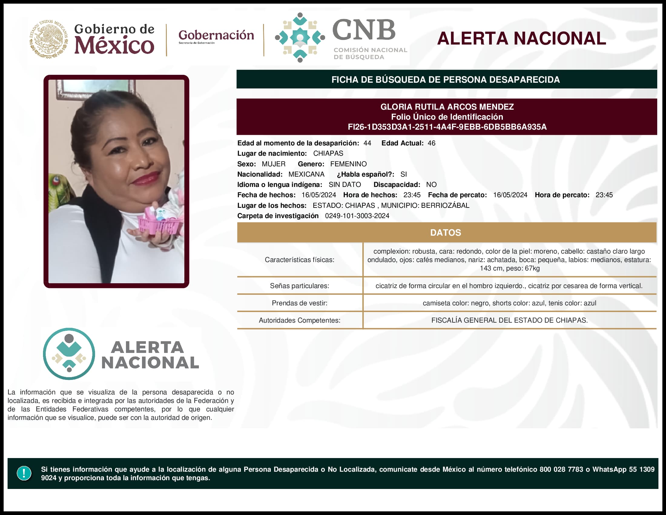 Persona desaparecida Gloria Rutila Arcos Mendez