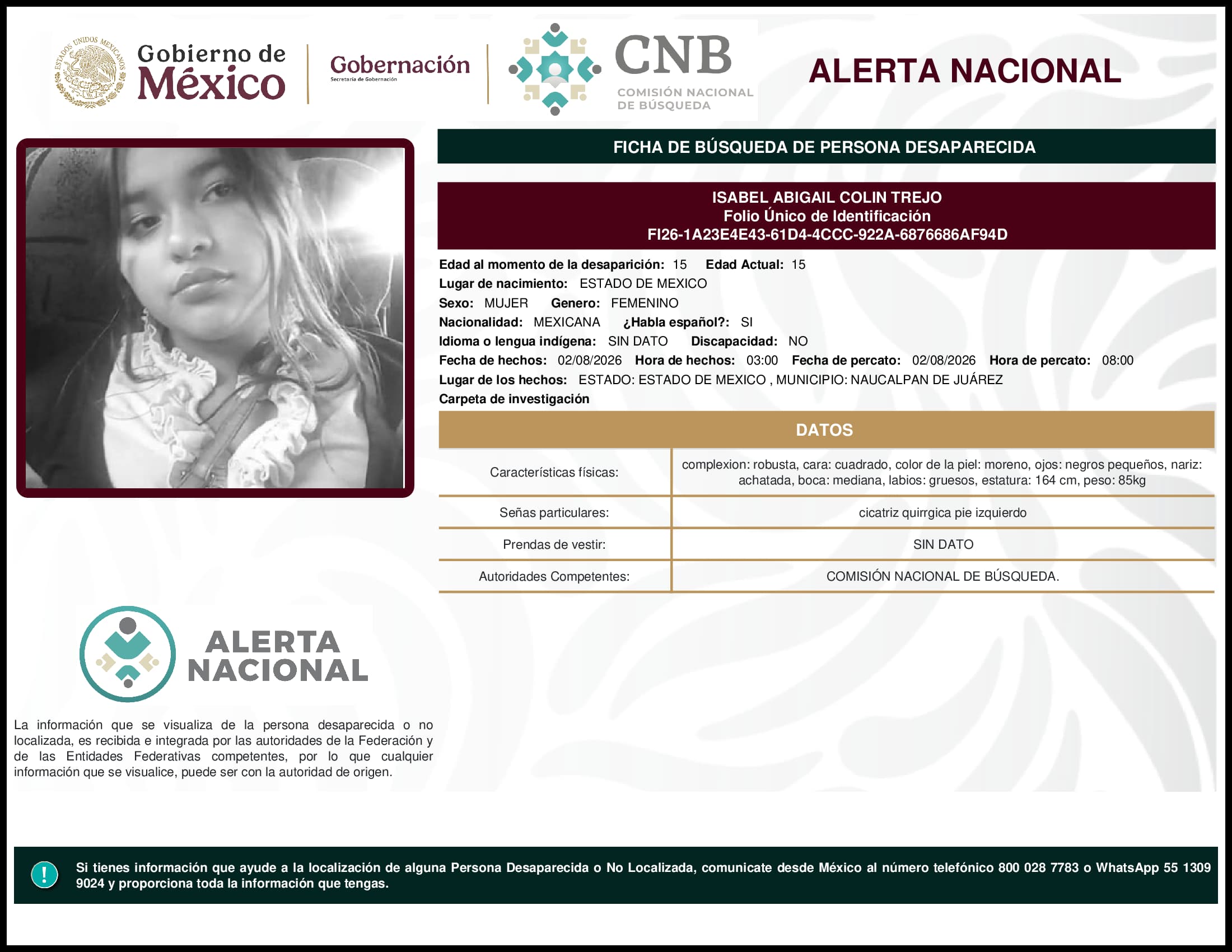 Persona desaparecida Isabel Abigail Colin Trejo