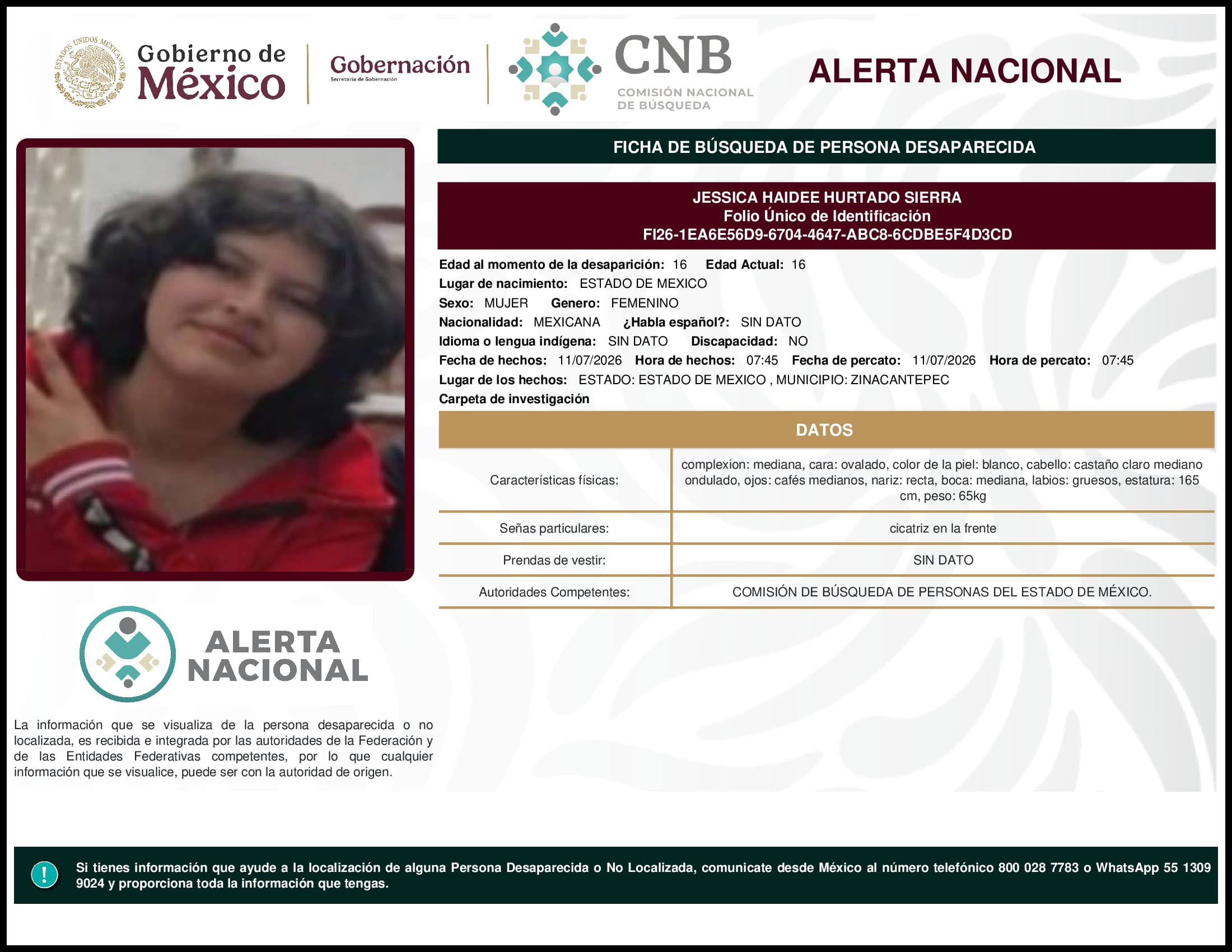 Persona desaparecida Jessica Haidee Hurtado Sierra
