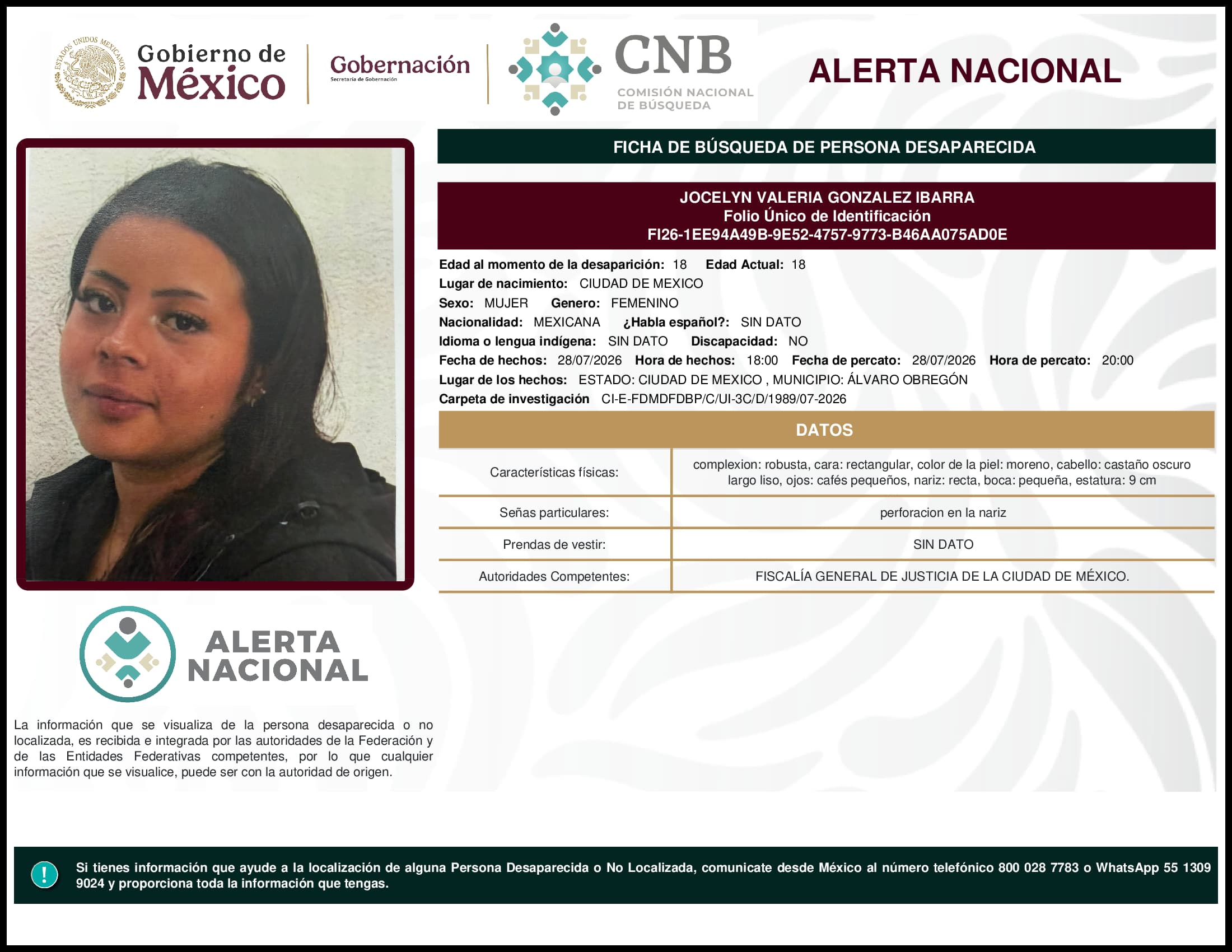Persona desaparecida Jocelyn Valeria Gonzalez Ibarra