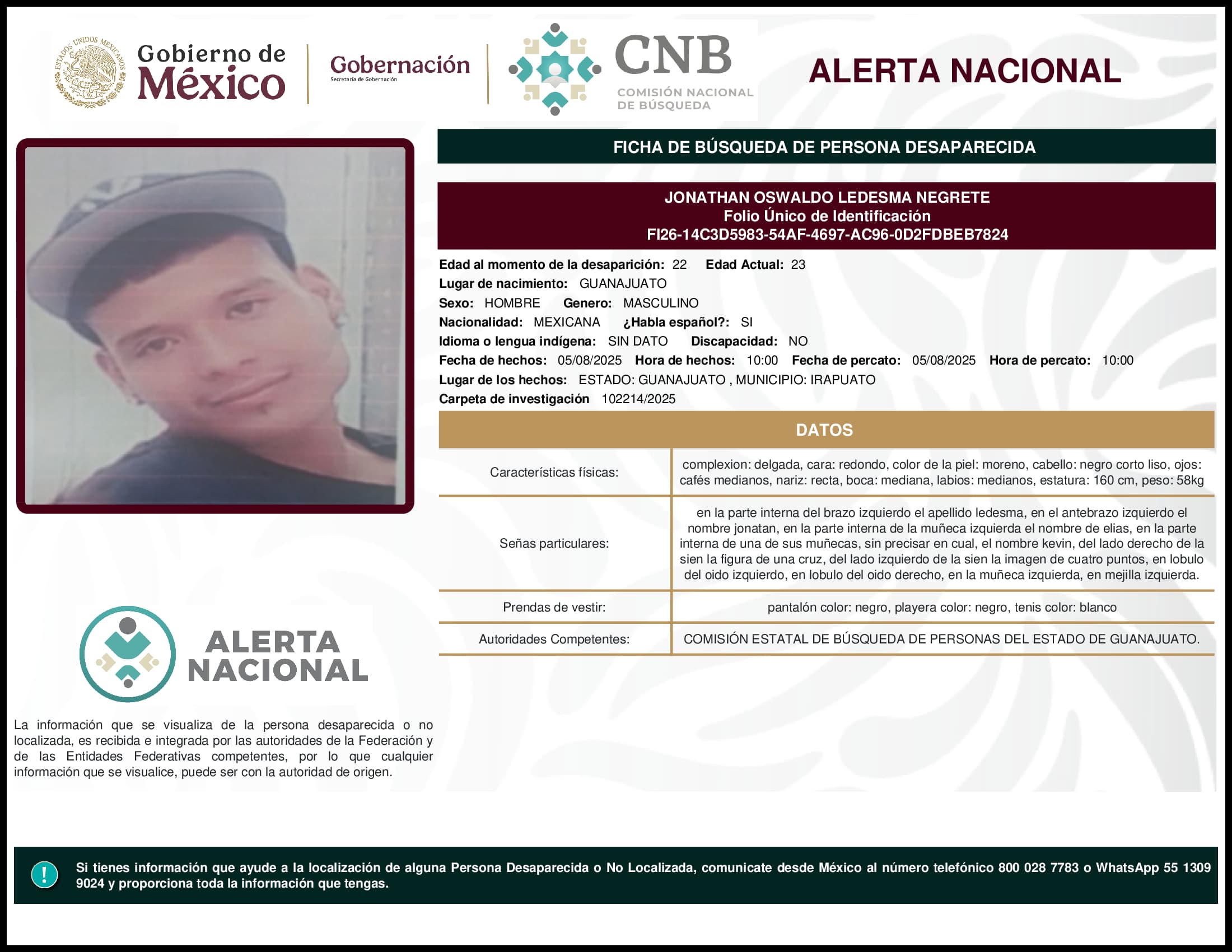 Persona desaparecida Jonathan Oswaldo Ledesma Negrete