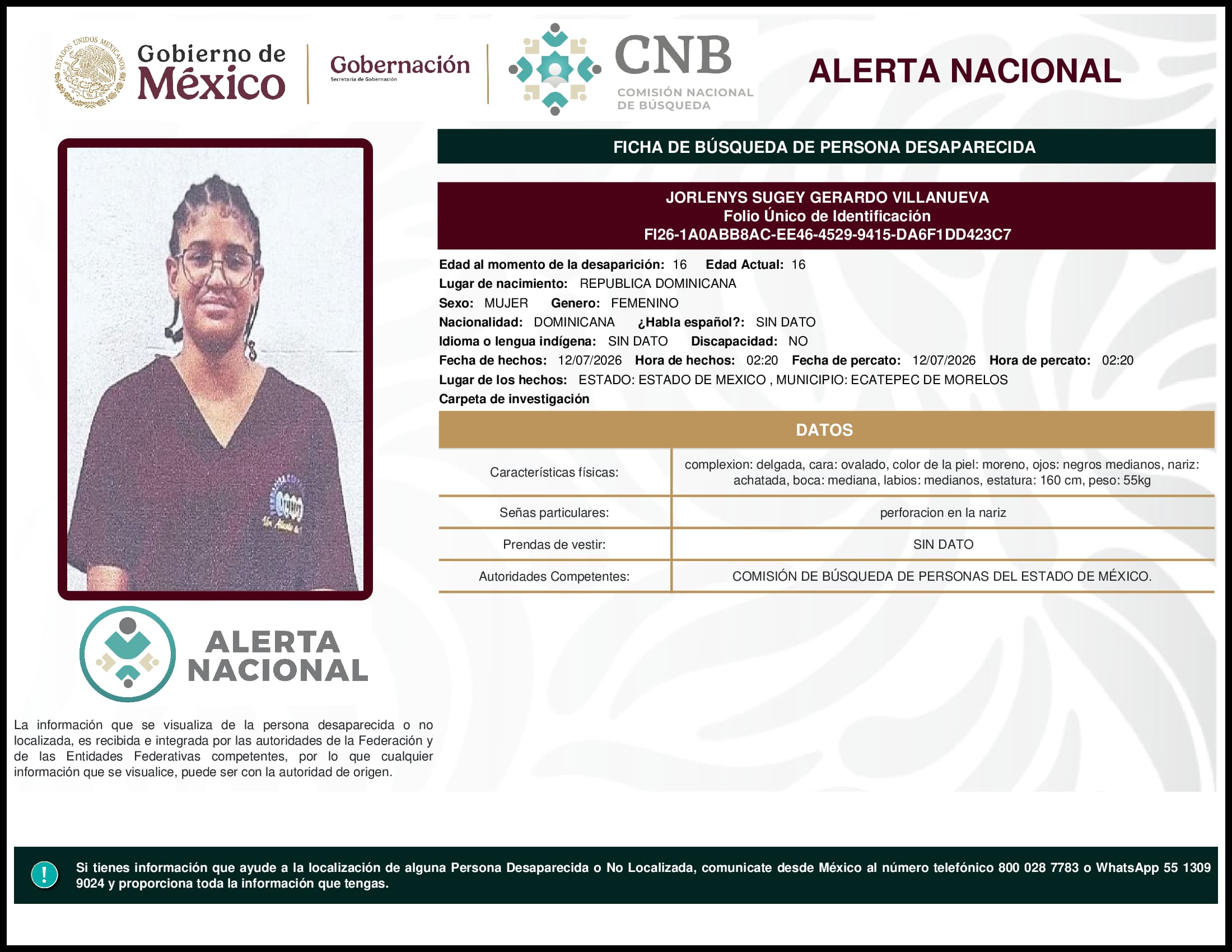 Persona desaparecida Jorlenys Sugey Gerardo Villanueva