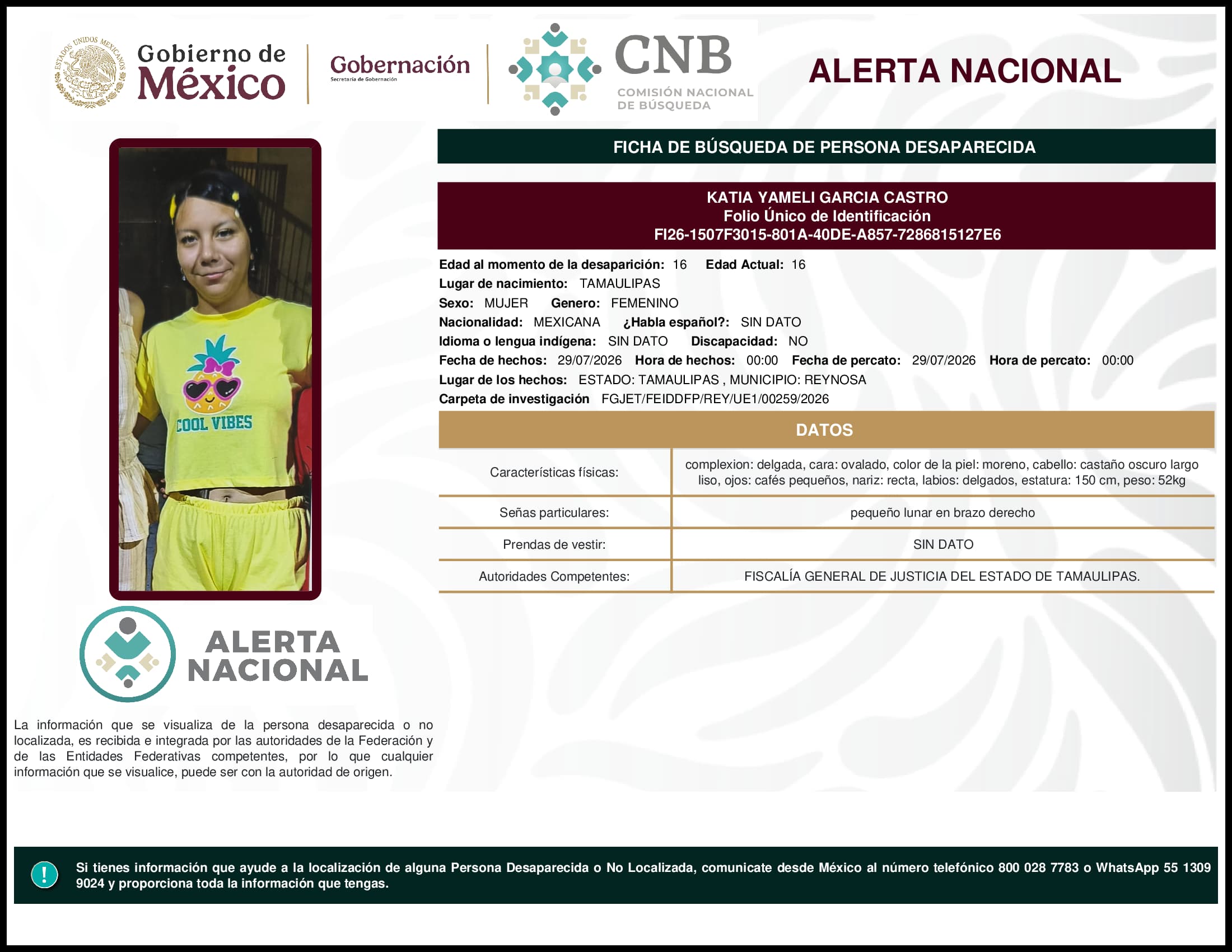 Persona desaparecida Katia Yameli Garcia Castro