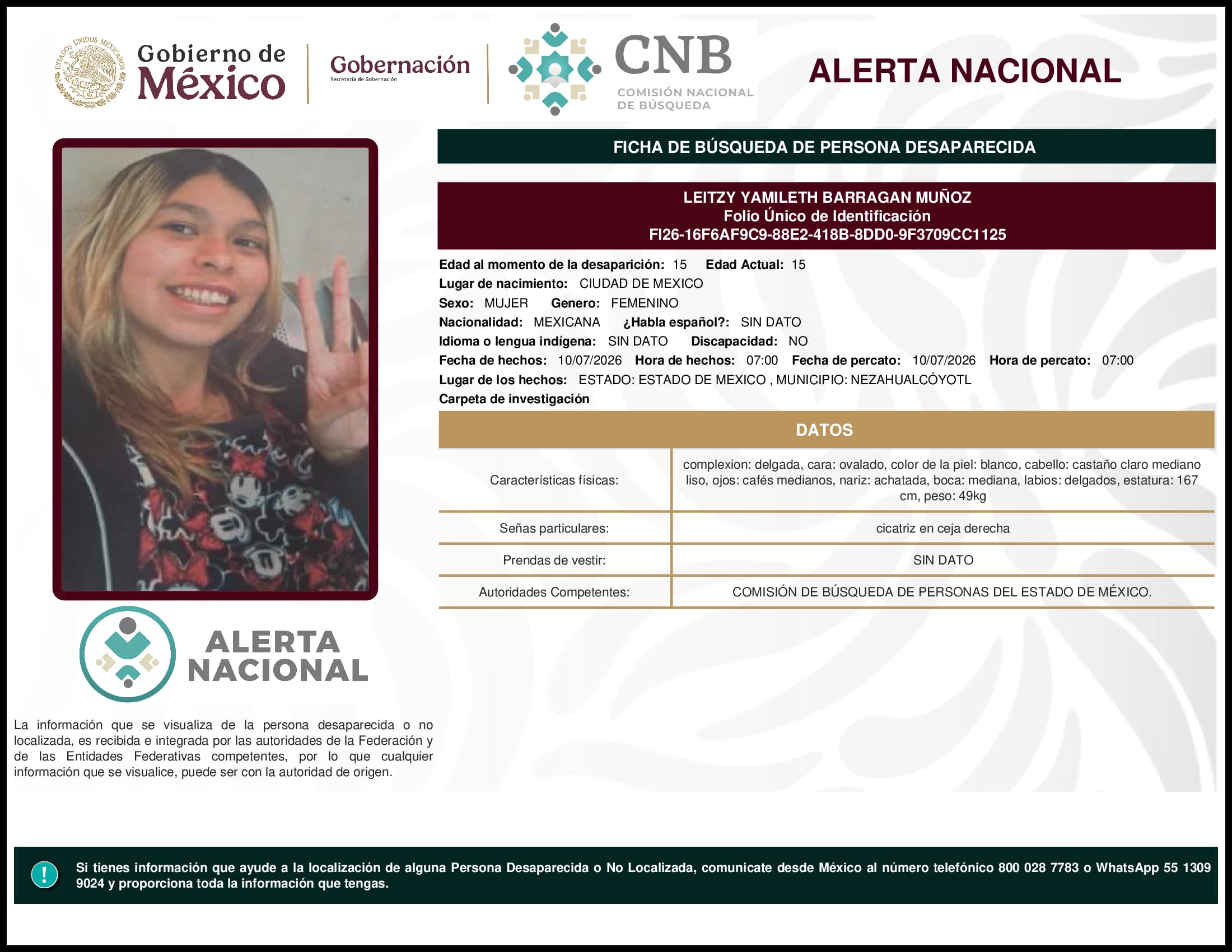 Persona desaparecida Leitzy Yamileth Barragan Munoz