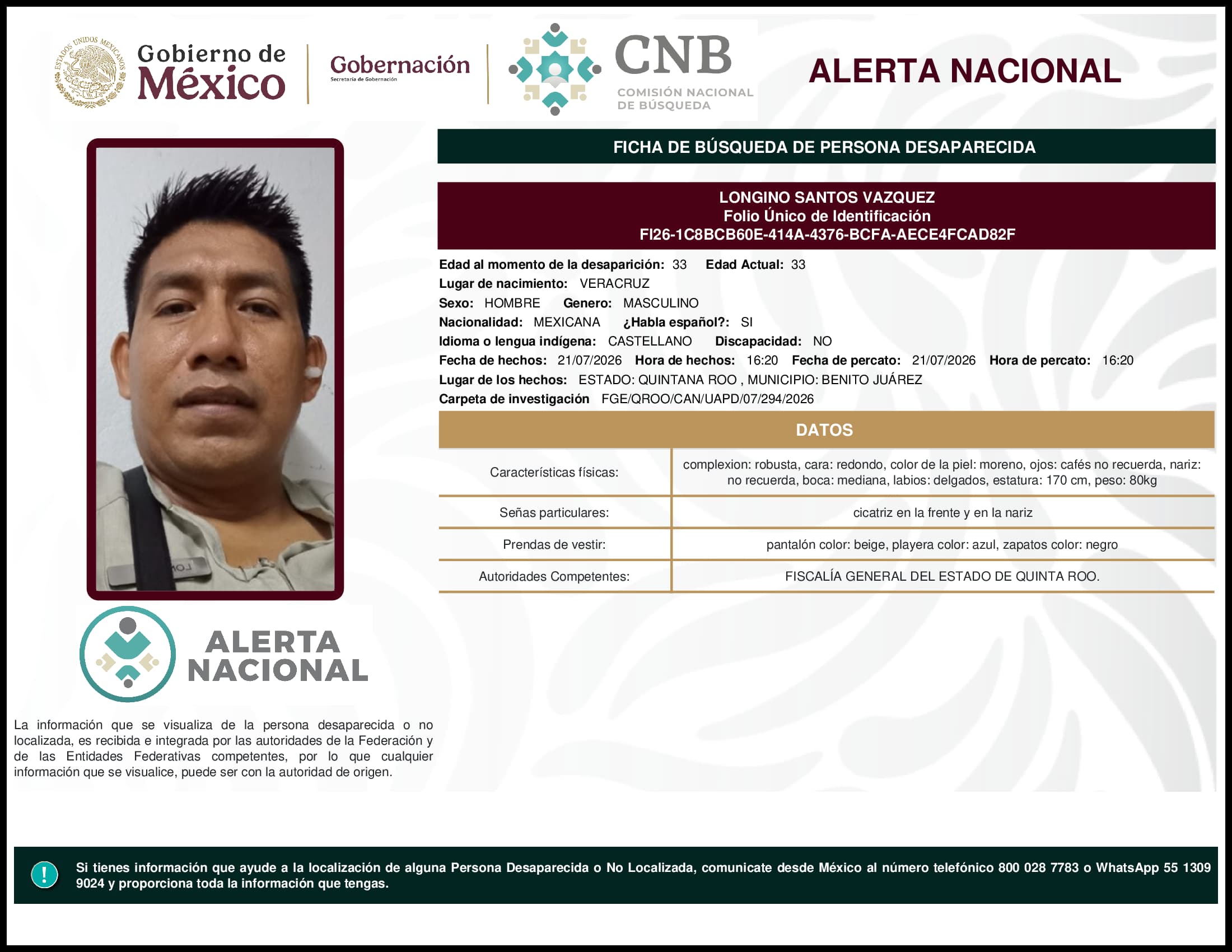 Persona desaparecida Longino Santos Vazquez