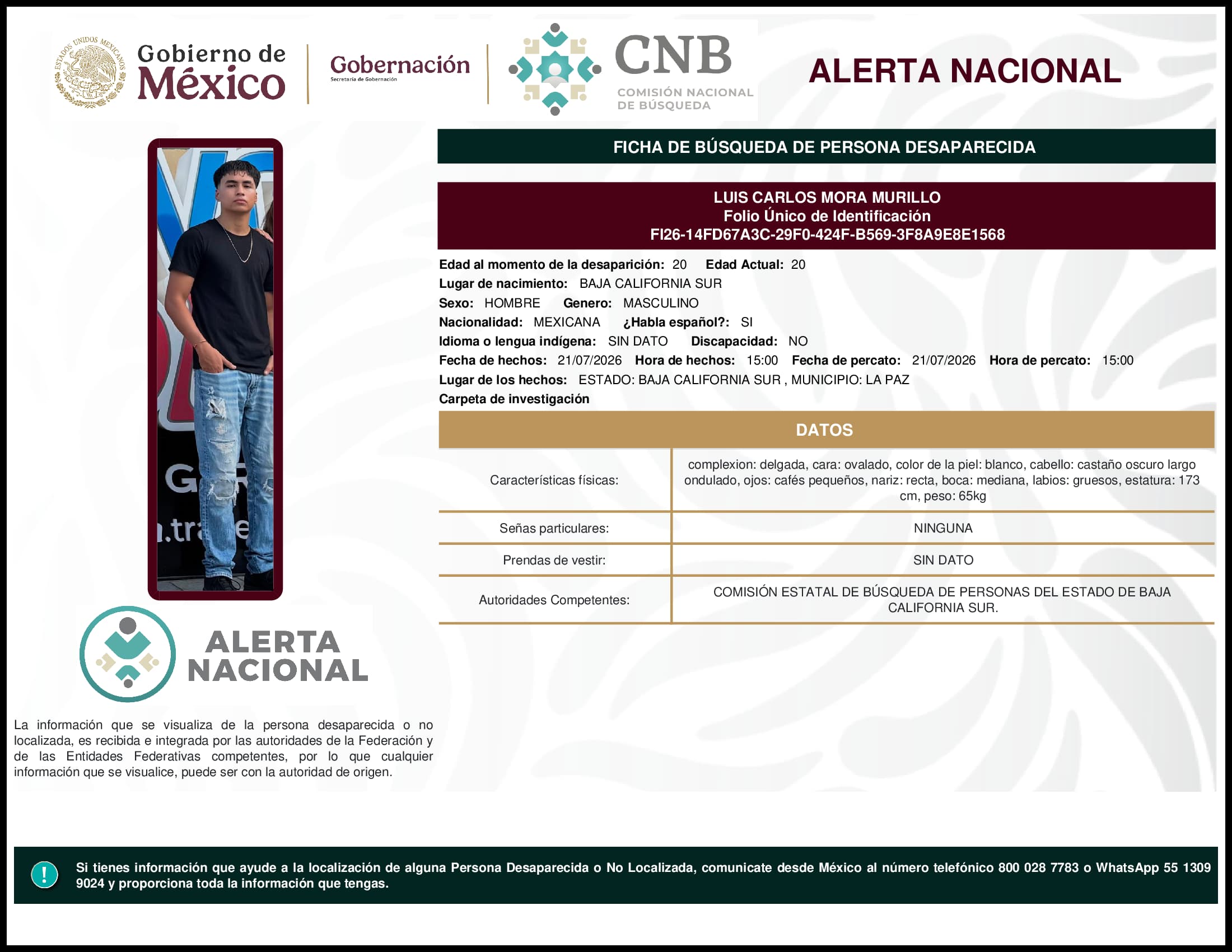 Persona desaparecida Luis Carlos Mora Murillo