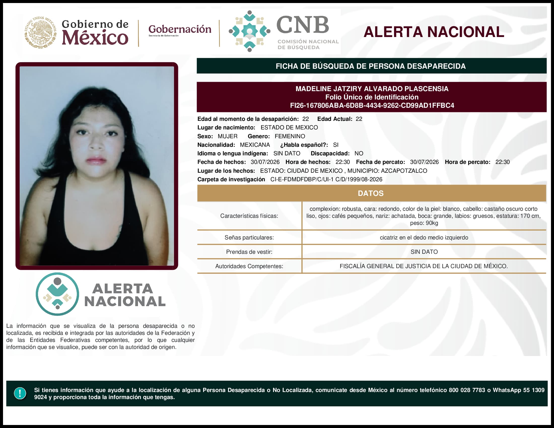 Persona desaparecida Madeline Jatziry Alvarado Plascensia