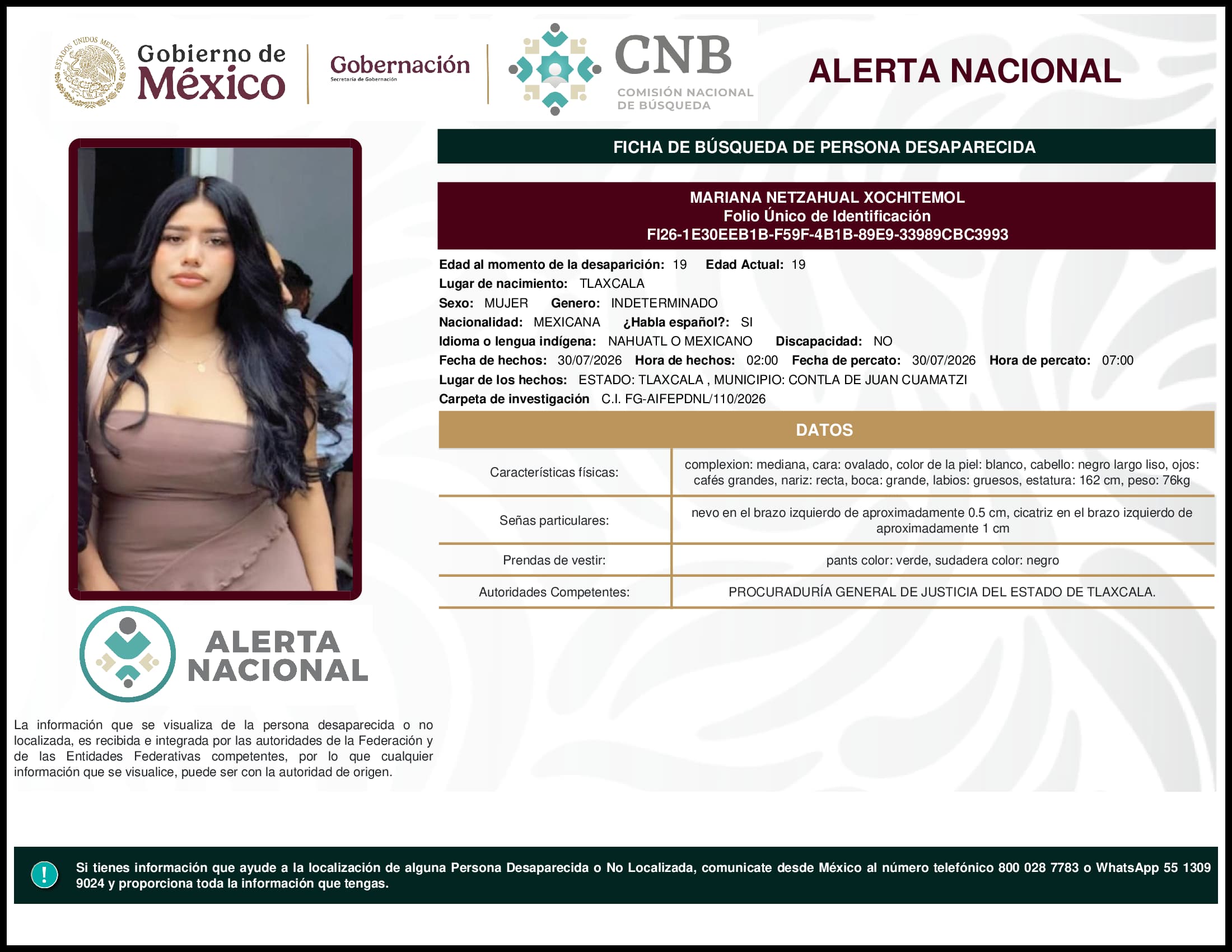 Persona desaparecida Mariana Netzahual Xochitemol