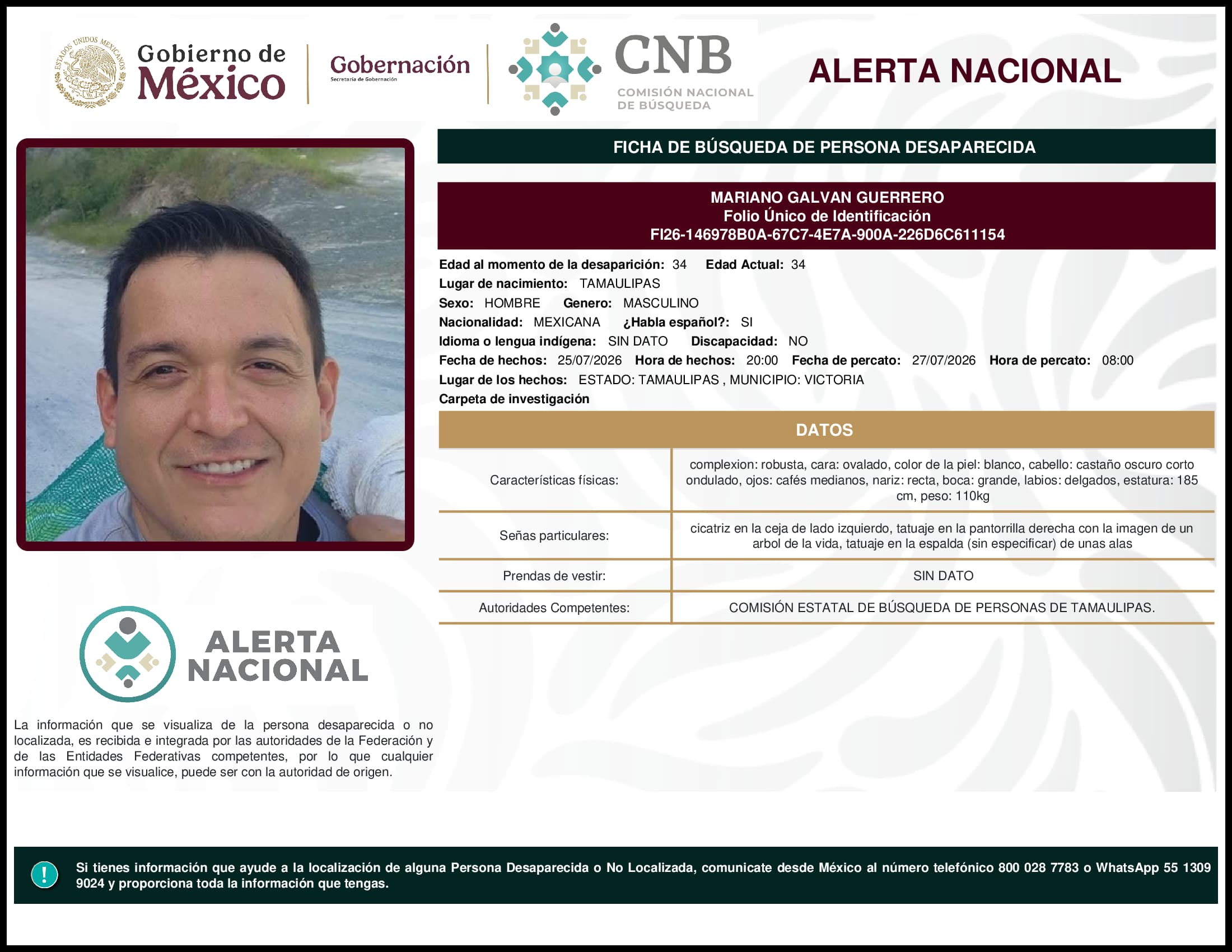 Persona desaparecida Mariano Galvan Guerrero