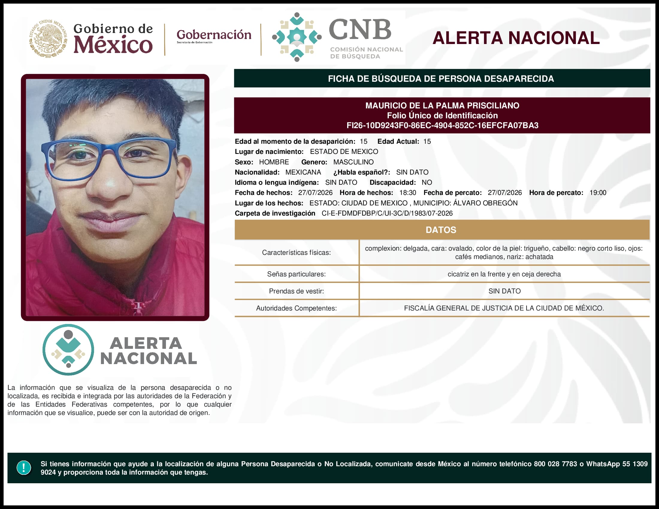 Persona desaparecida Mauricio De La Palma Prisciliano