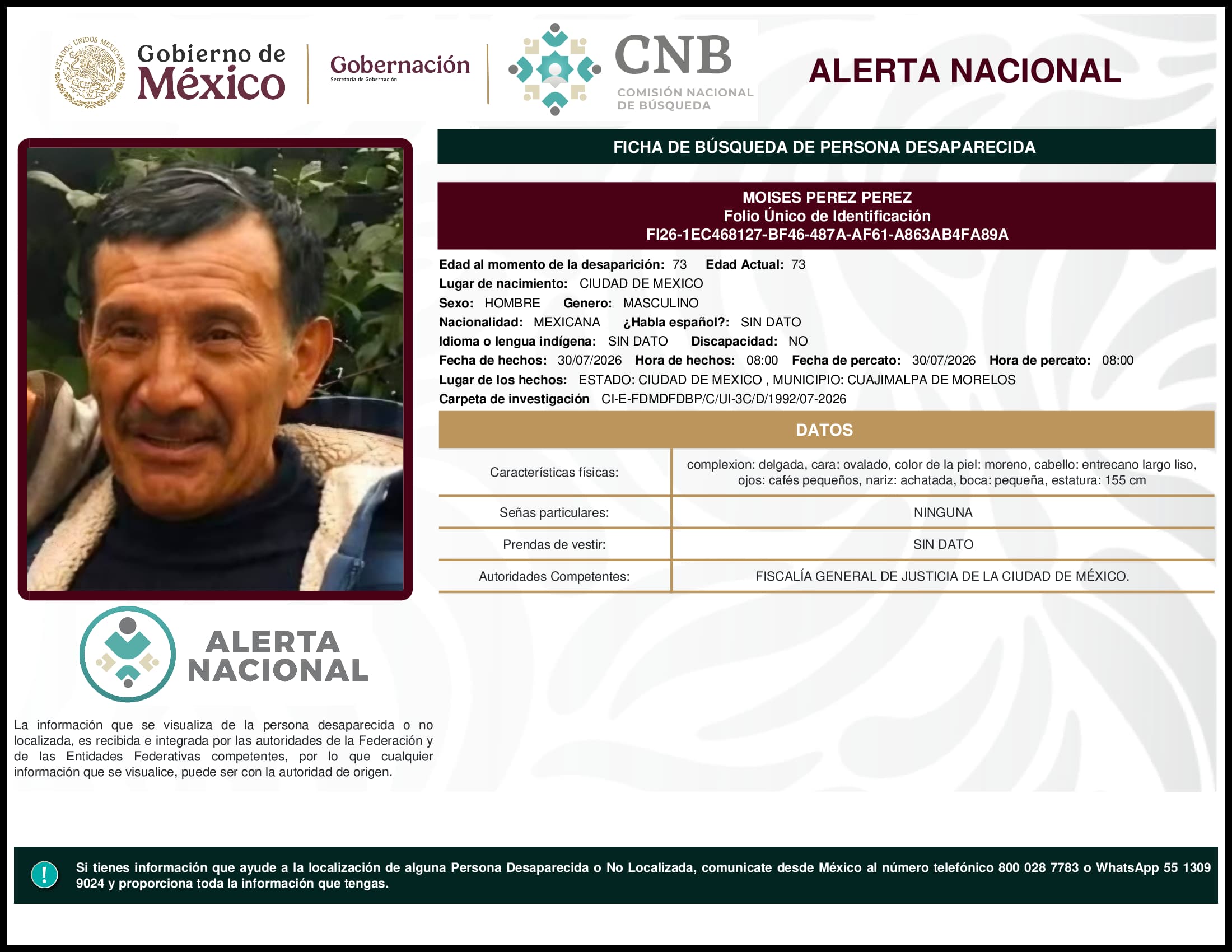Persona desaparecida Moises Perez Perez