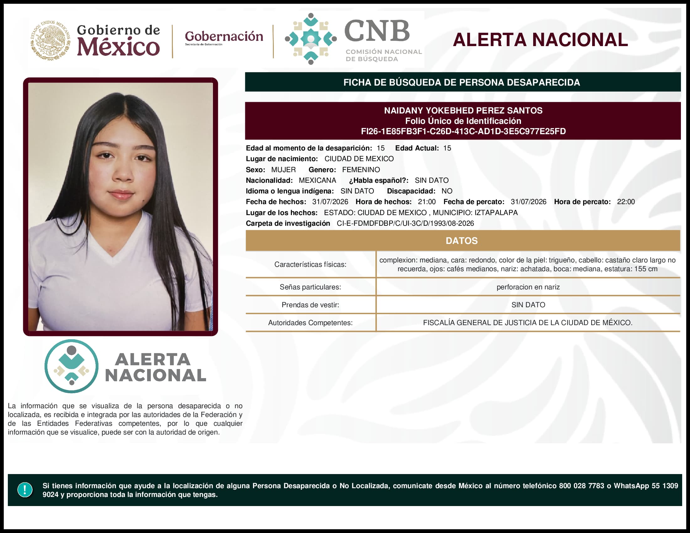 Persona desaparecida Naidany Yokebhed Perez Santos
