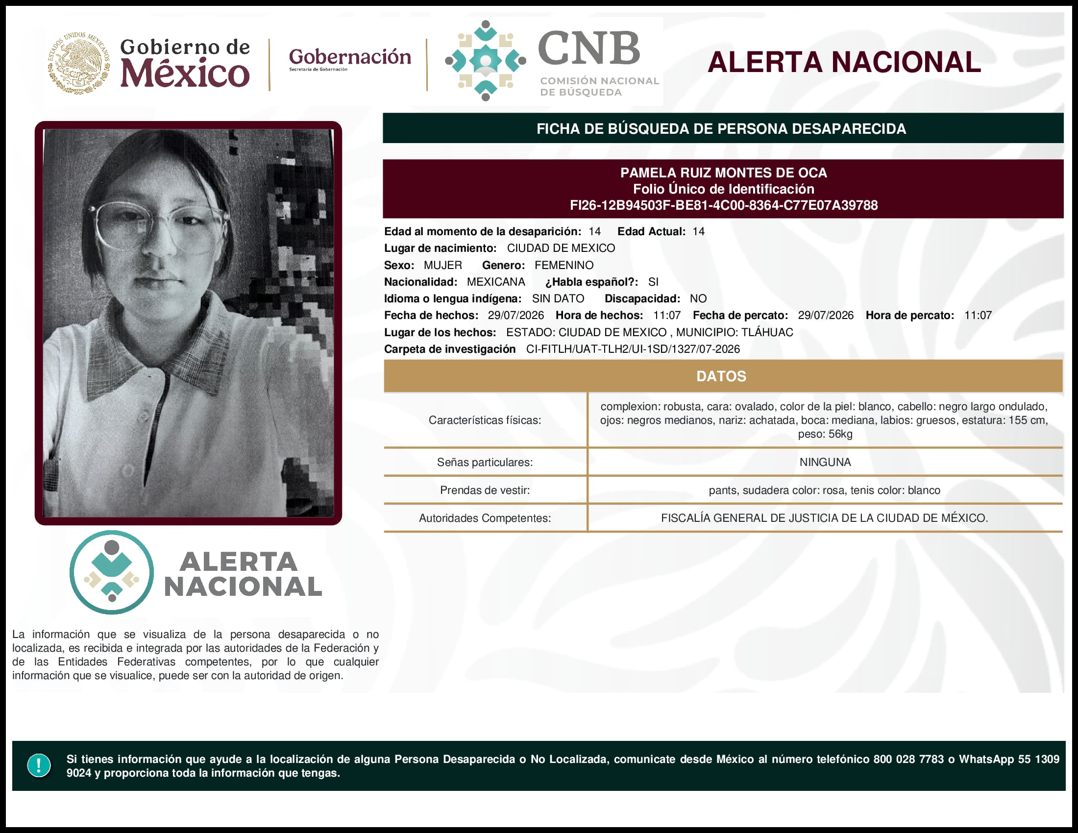 Persona desaparecida Pamela Ruiz Montes De Oca