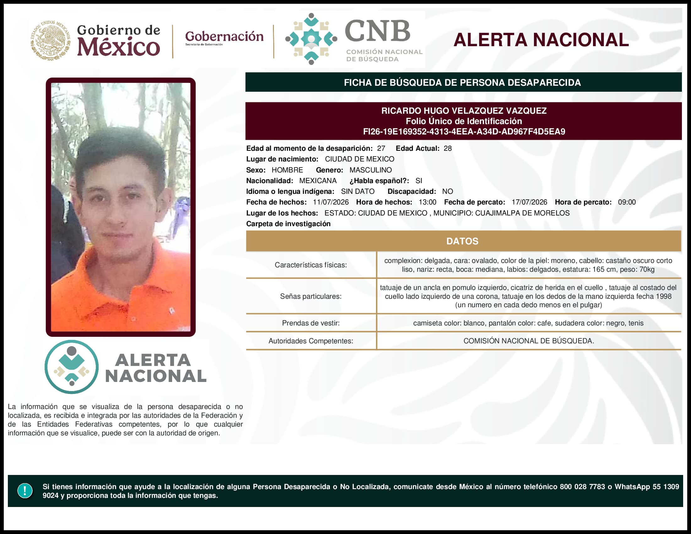 Persona desaparecida Ricardo Hugo Velazquez Vazquez