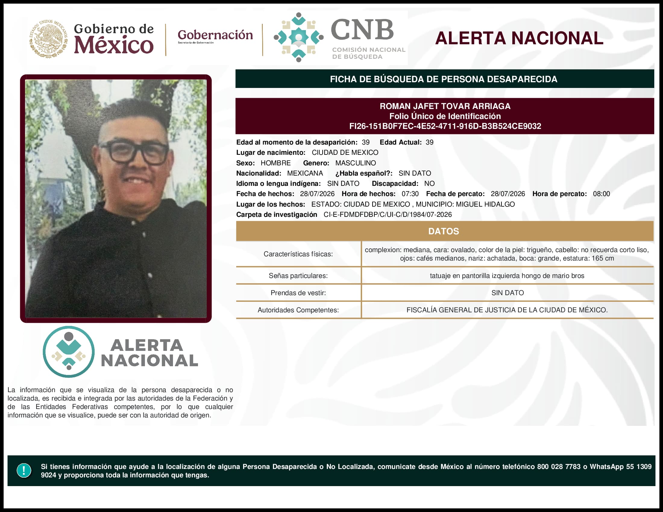 Persona desaparecida Roman Jafet Tovar Arriaga