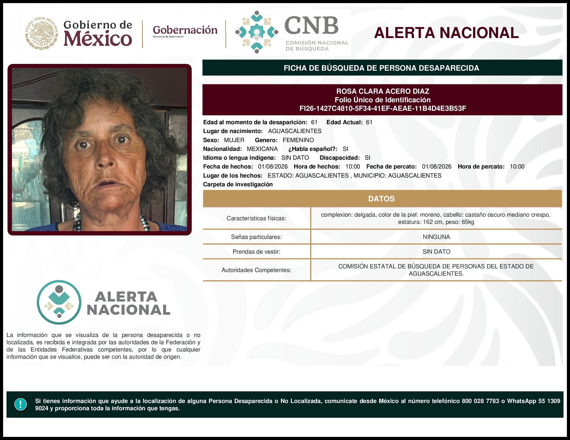Persona desaparecida Rosa Clara Acero Diaz