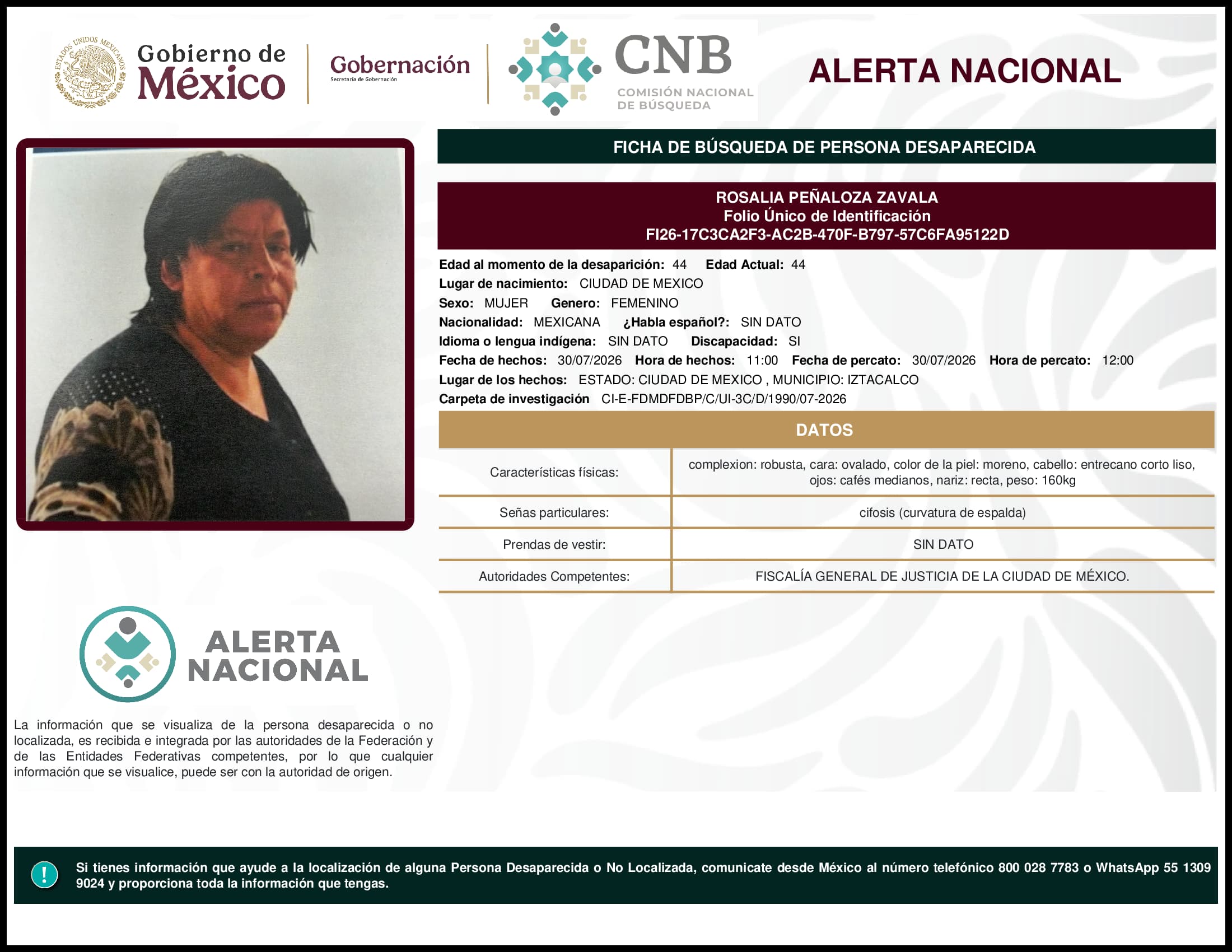 Persona desaparecida Rosalia Penaloza Zavala