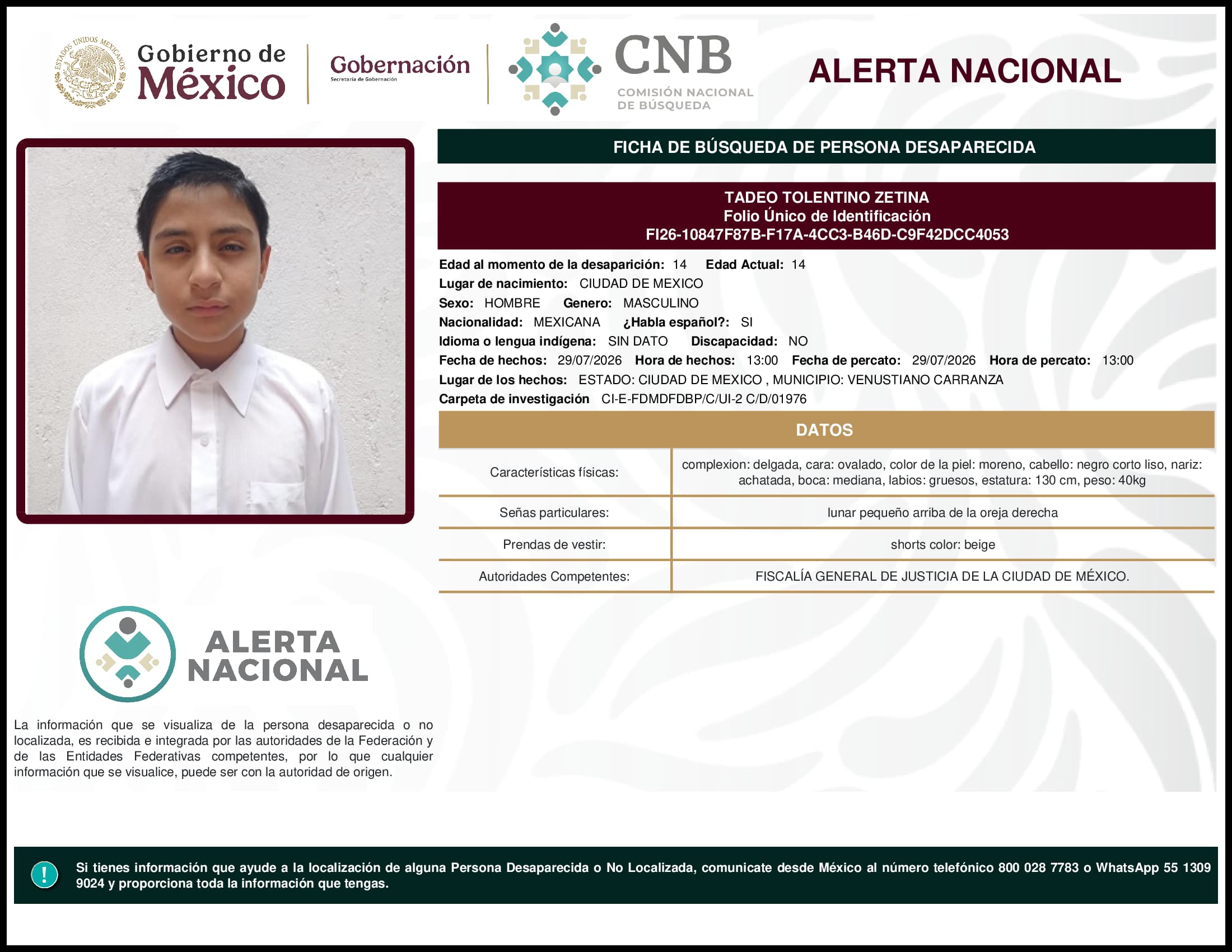 Persona desaparecida Tadeo Tolentino Zetina