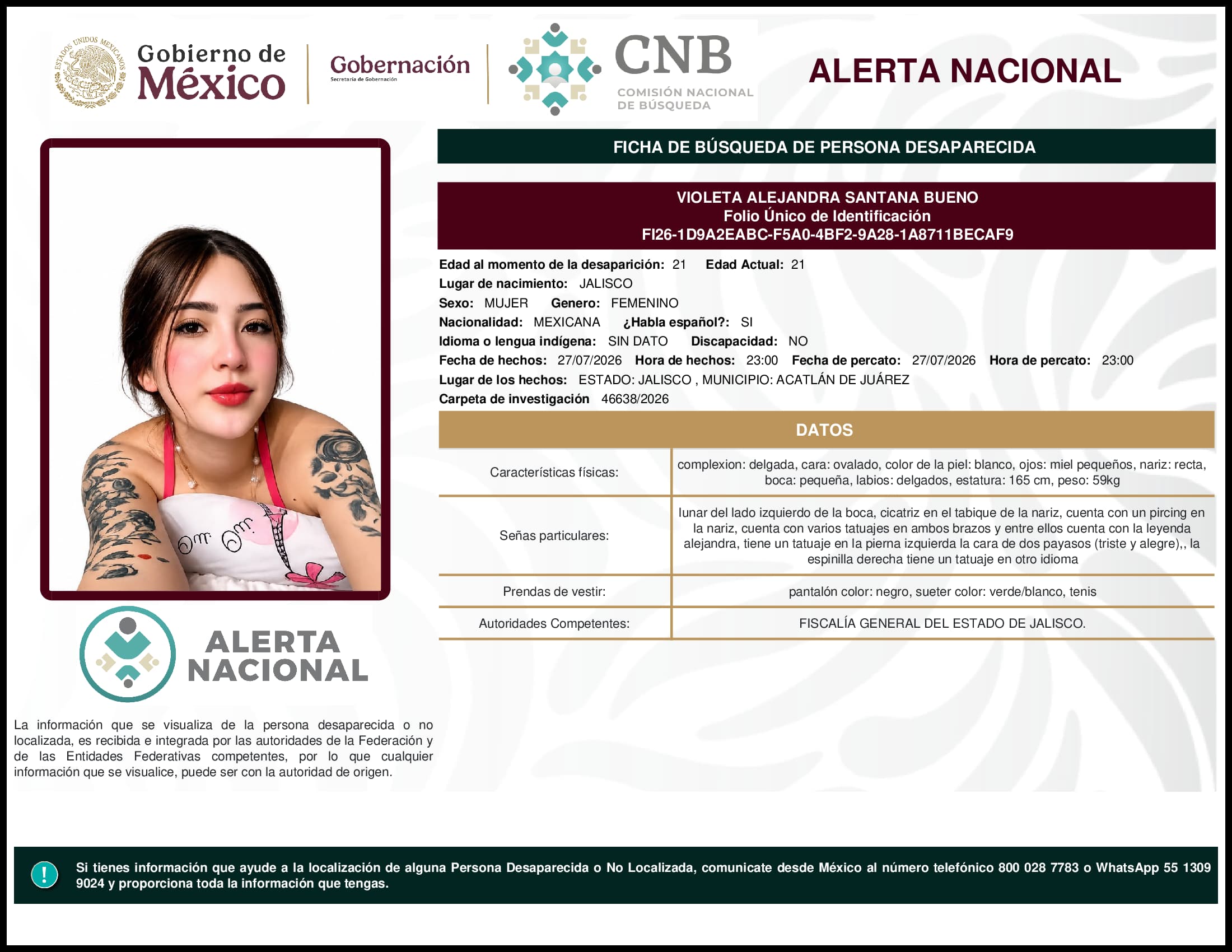 Persona desaparecida Violeta Alejandra Santana Bueno