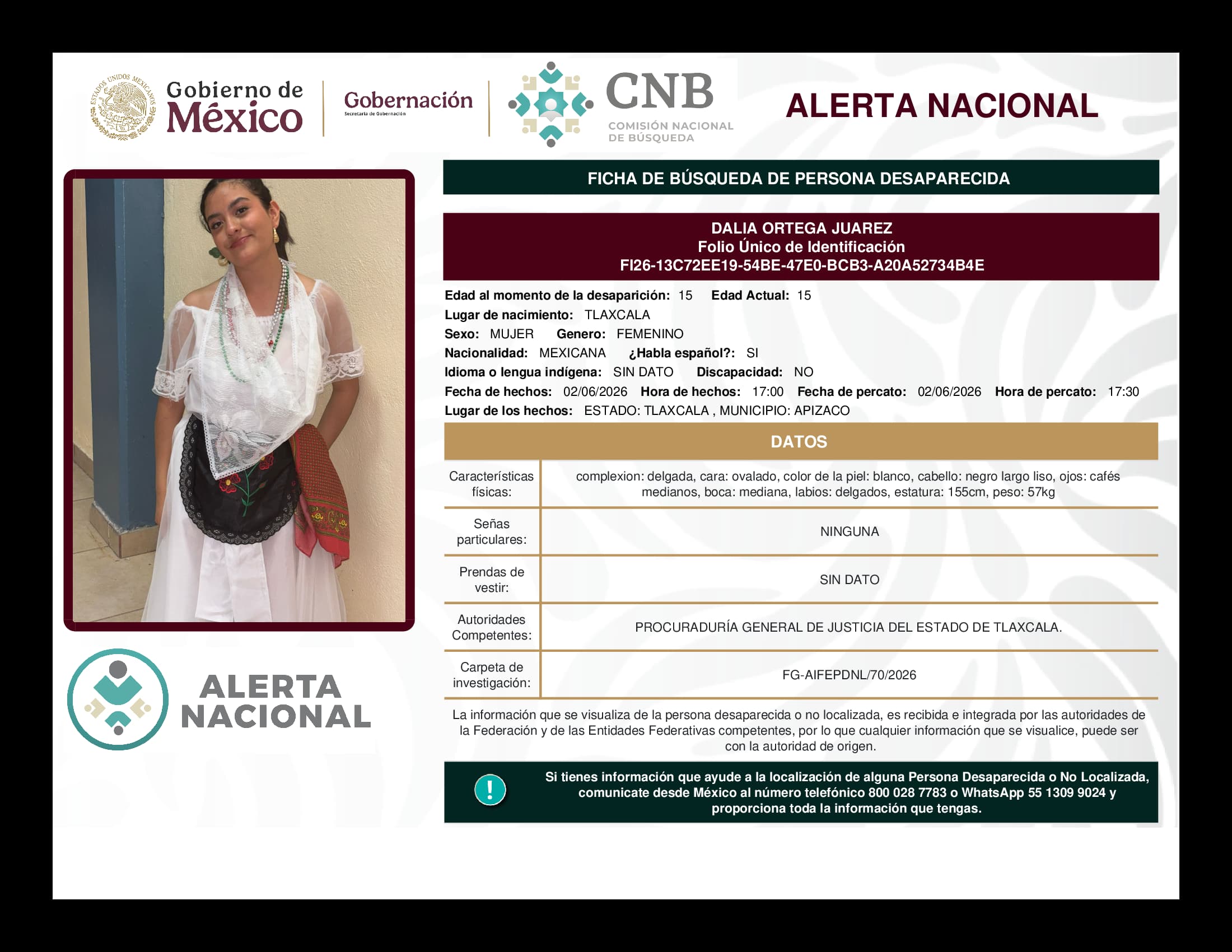 Persona desaparecida Dalia Ortega Juarez