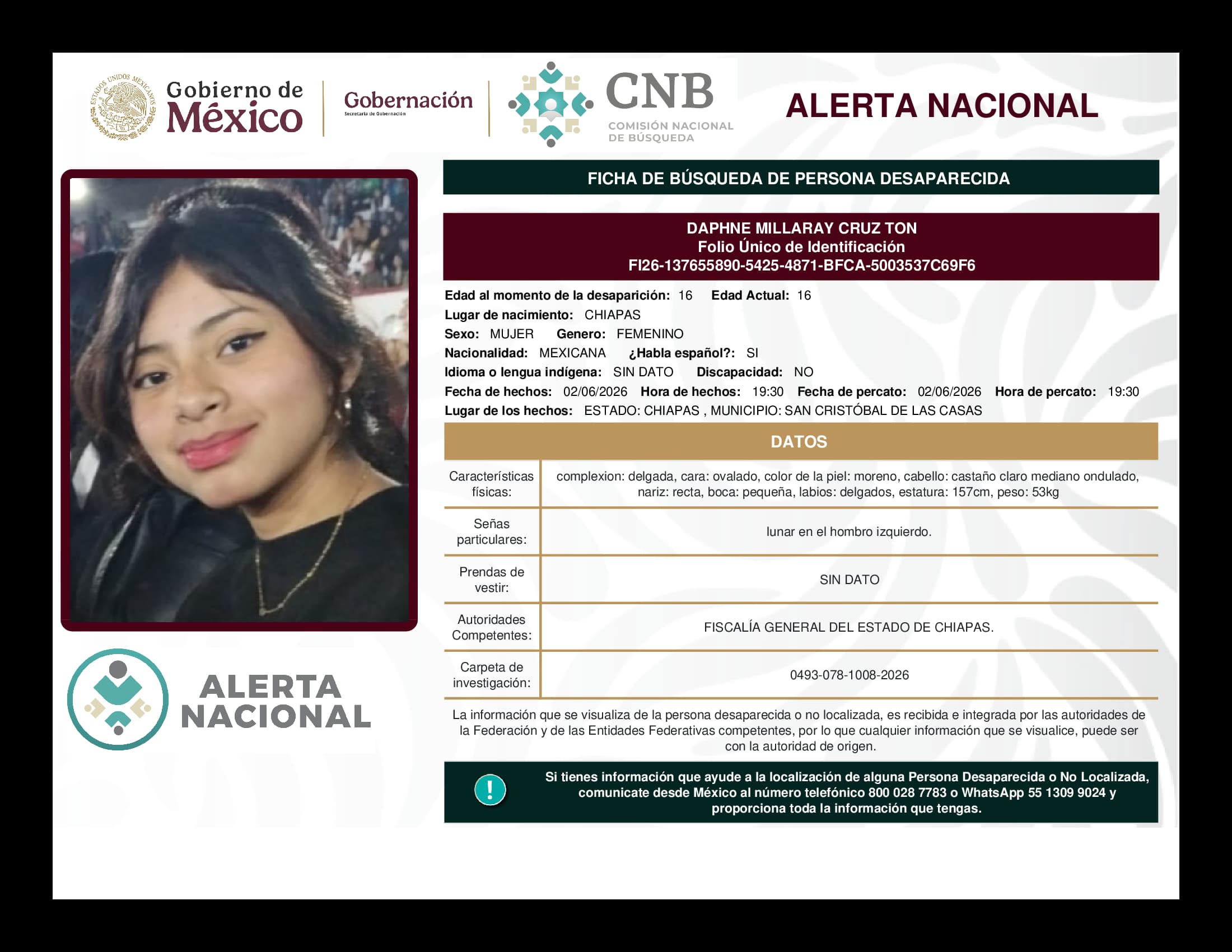Persona desaparecida Daphne Millaray Cruz Ton