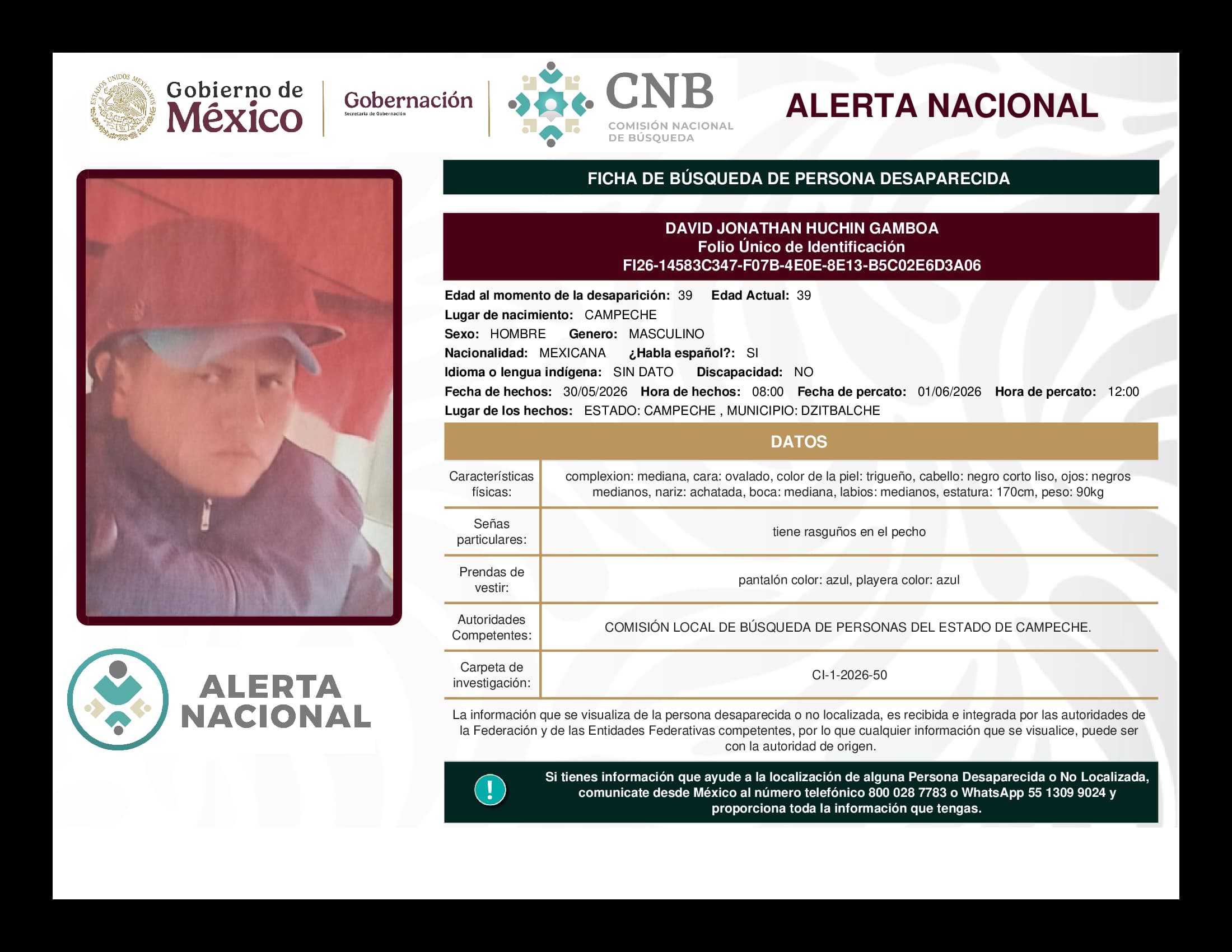 Persona desaparecida David Jonathan Huchin Gamboa