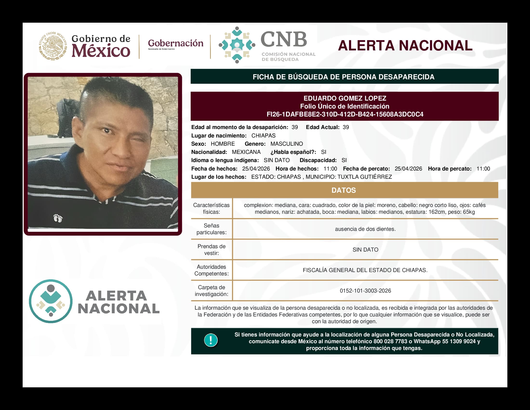 Persona desaparecida Eduardo Gomez Lopez
