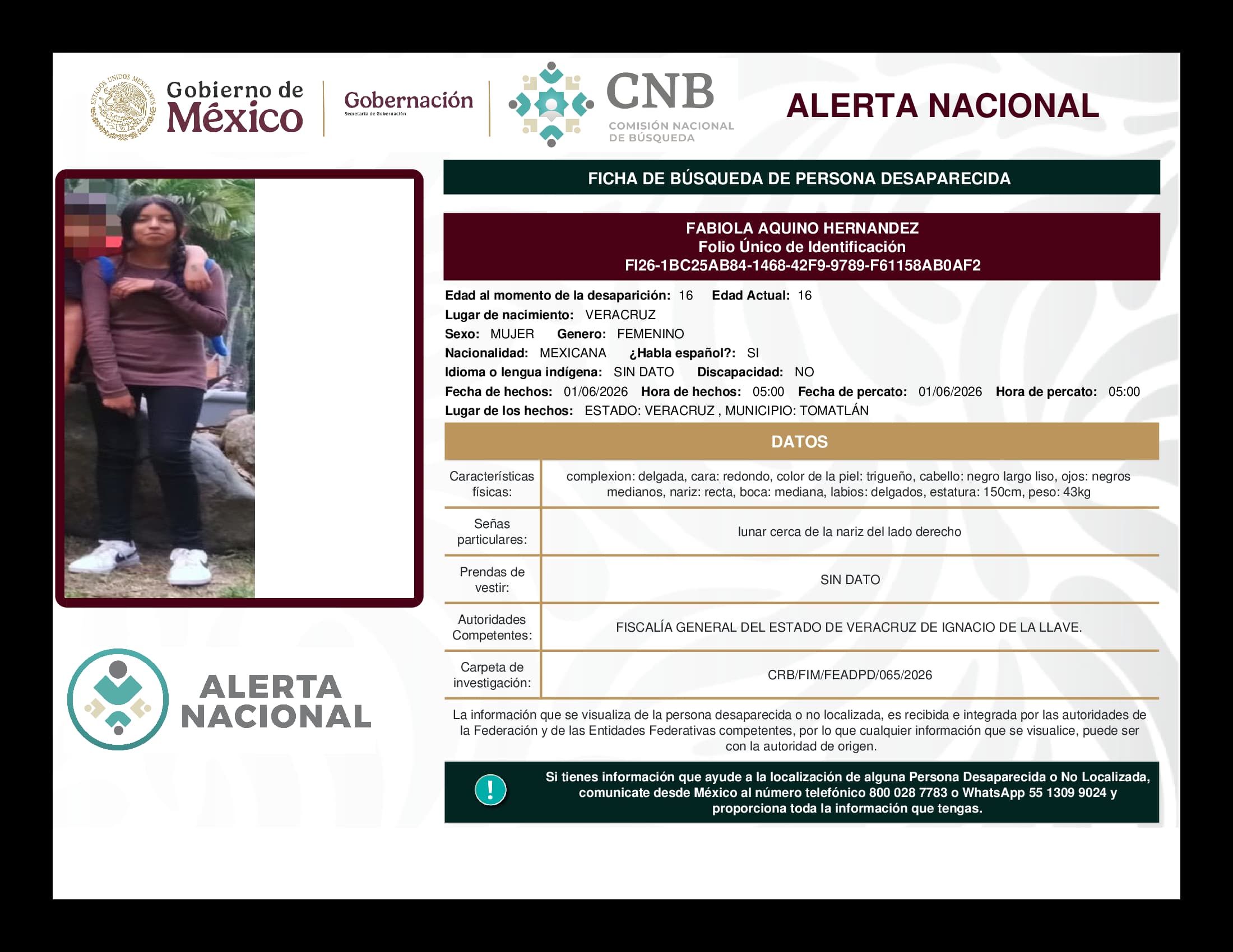 Persona desaparecida Fabiola Aquino Hernandez