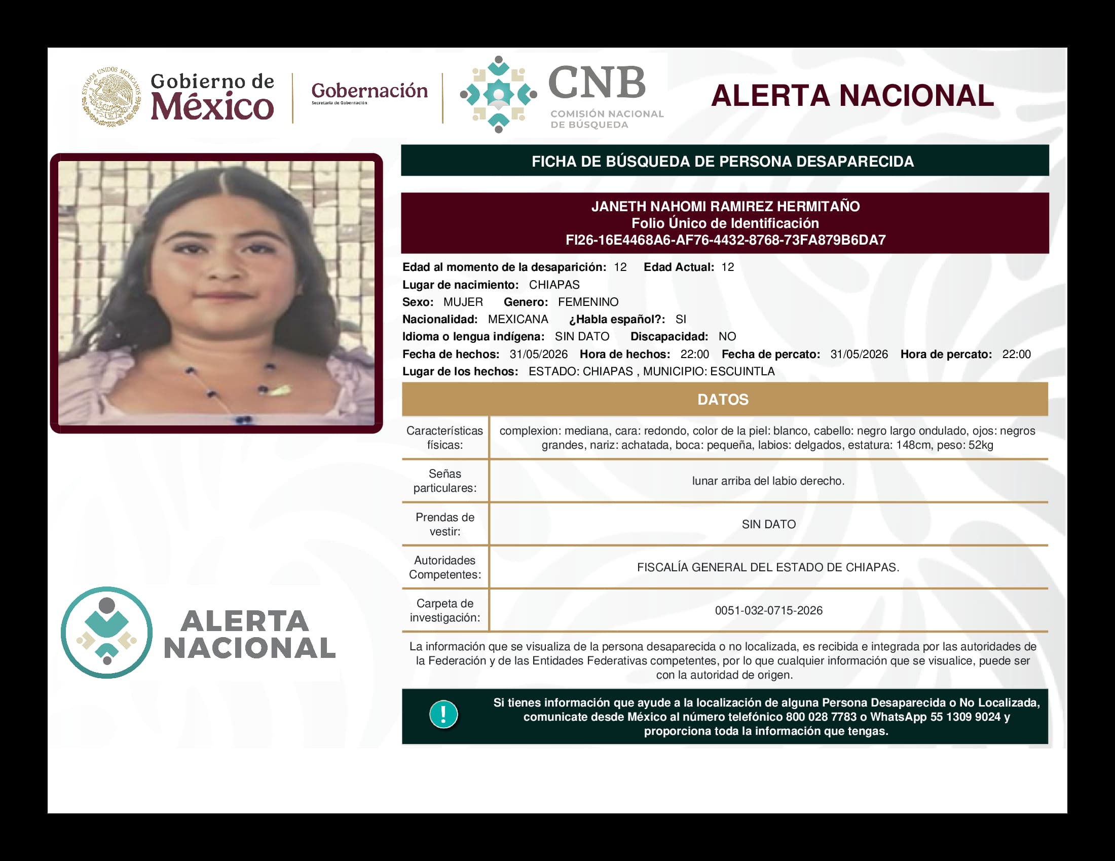 Persona desaparecida Janeth Nahomi Ramirez Hermitaño