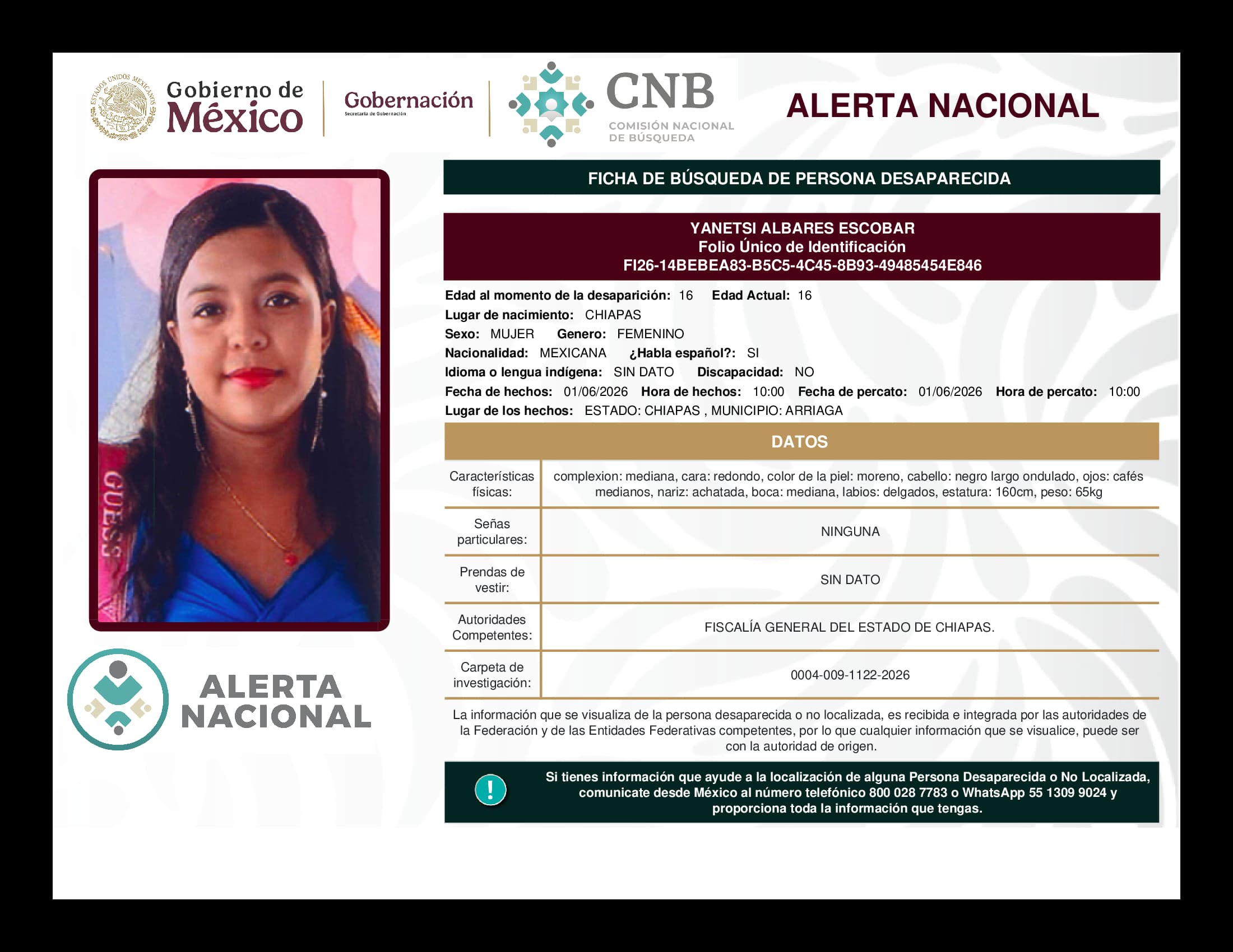 Persona desaparecida Yanetsi Albares Escobar