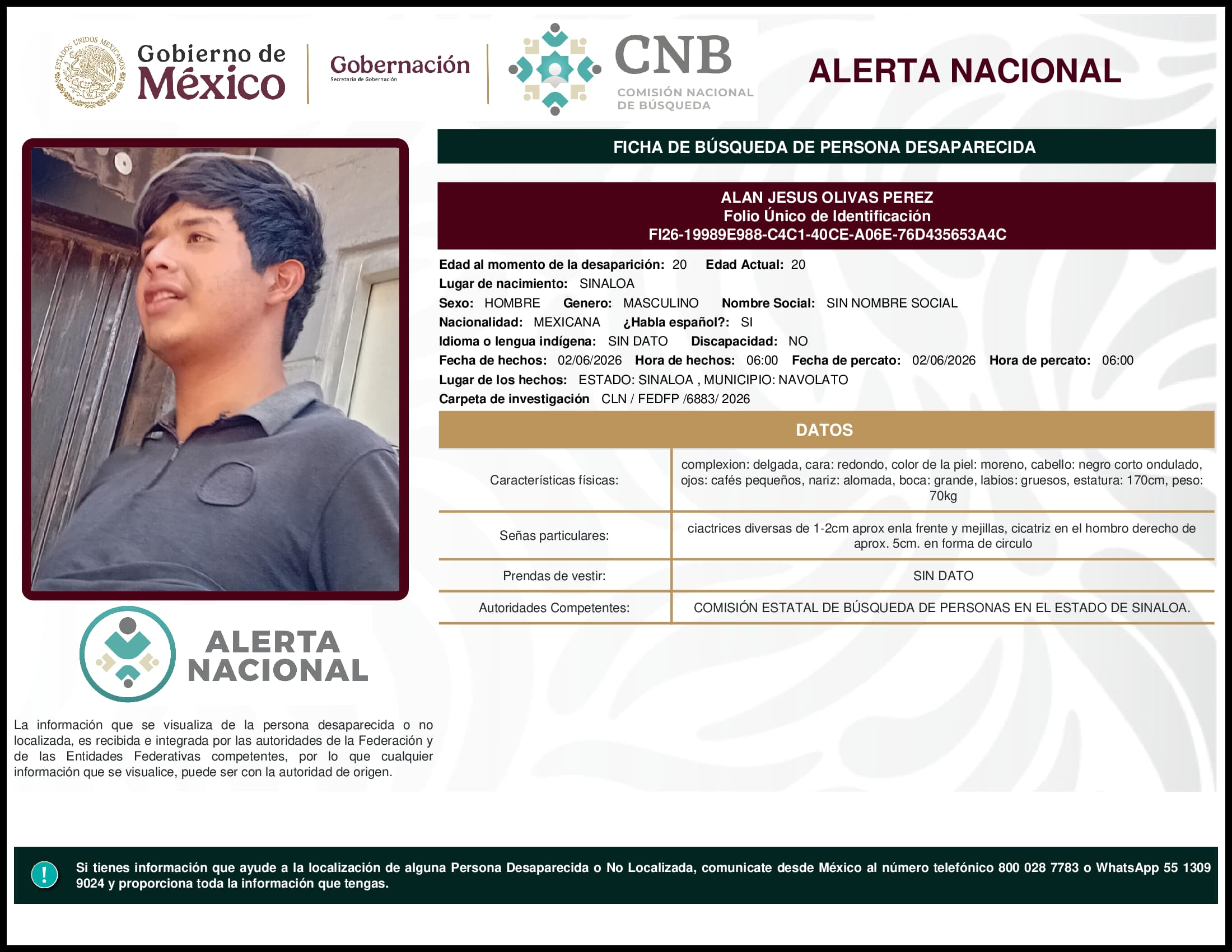 Persona desaparecida Alan Jesus Olivas Perez