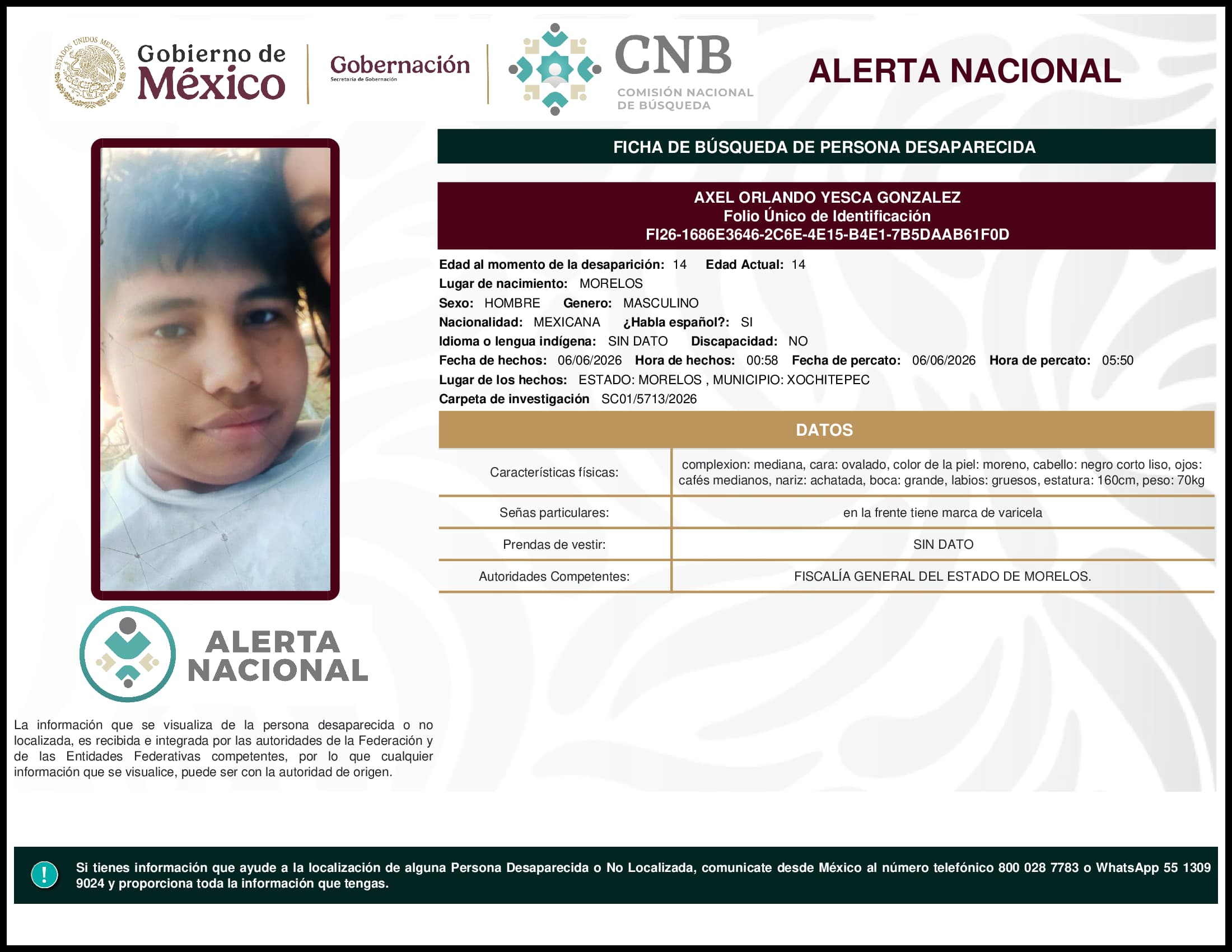Persona desaparecida Axel Orlando Yesca Gonzalez