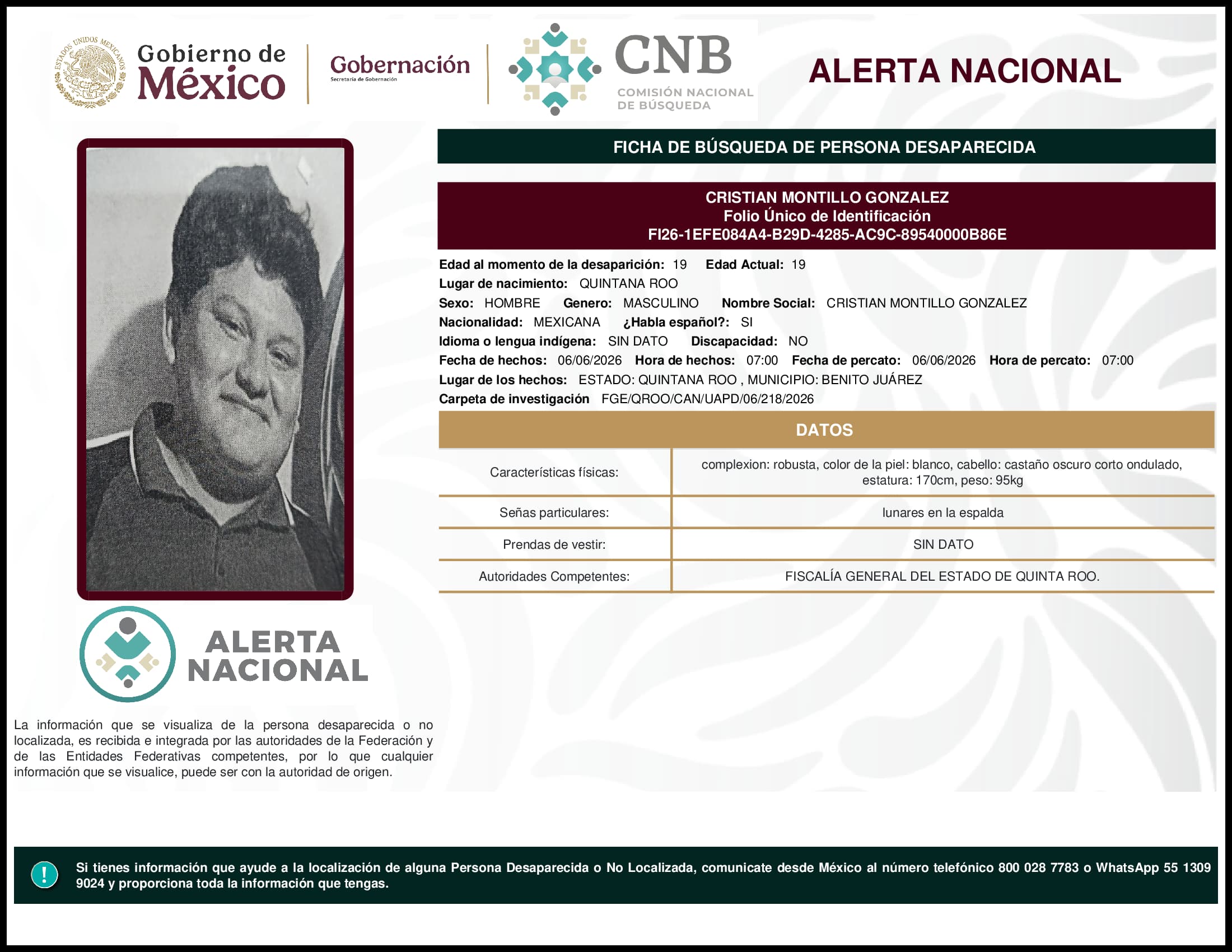 Persona desaparecida Cristian Montillo Gonzalez