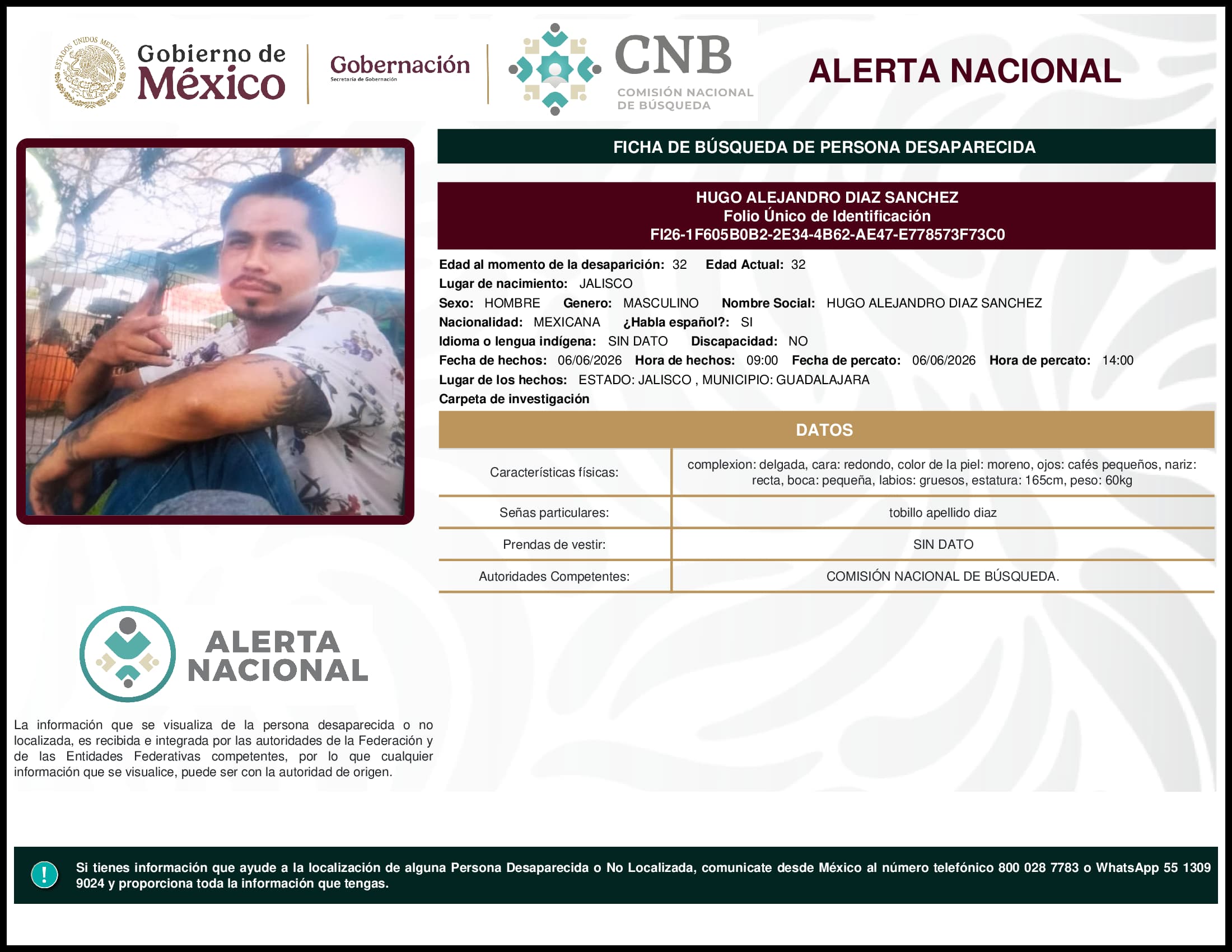 Persona desaparecida Hugo Alejandro Diaz Sanchez