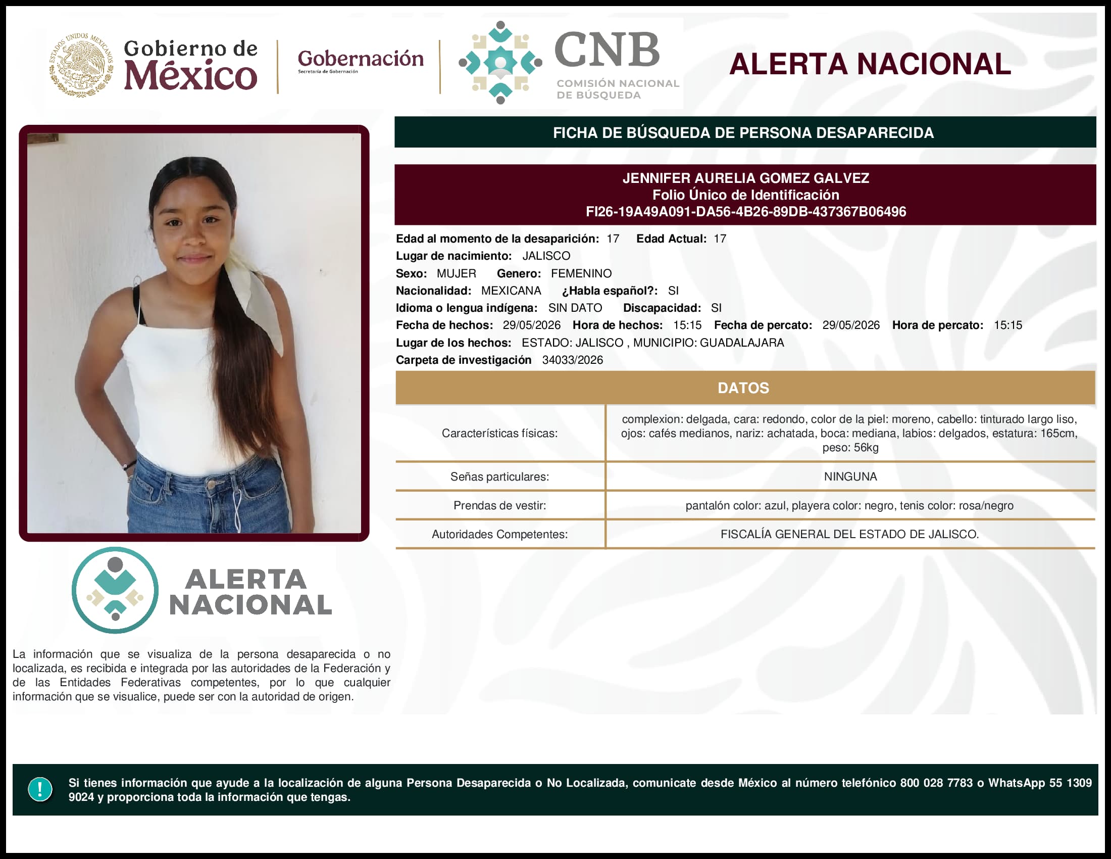 Persona desaparecida Jennifer Aurelia Gomez Galvez