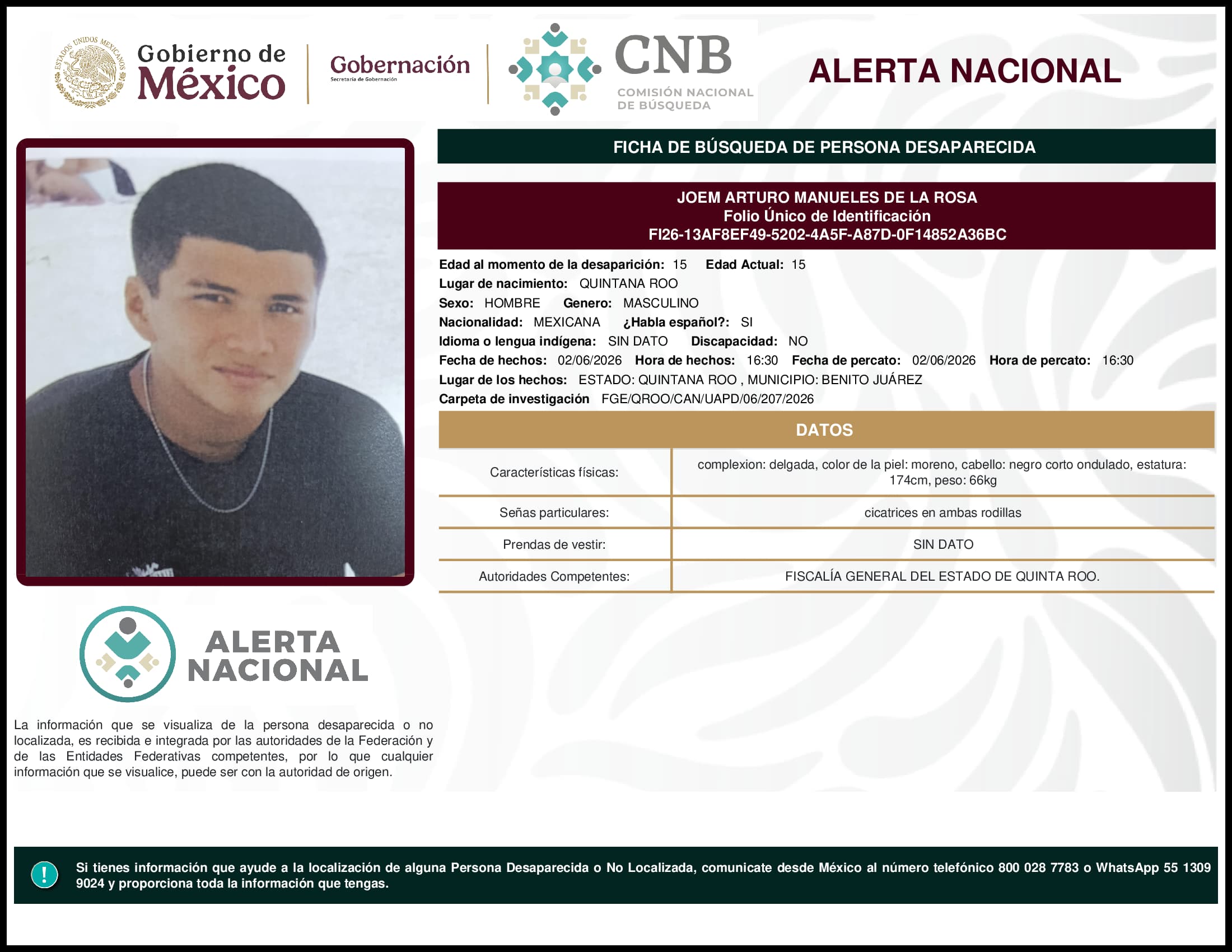 Persona desaparecida Joem Arturo Manueles De La Rosa