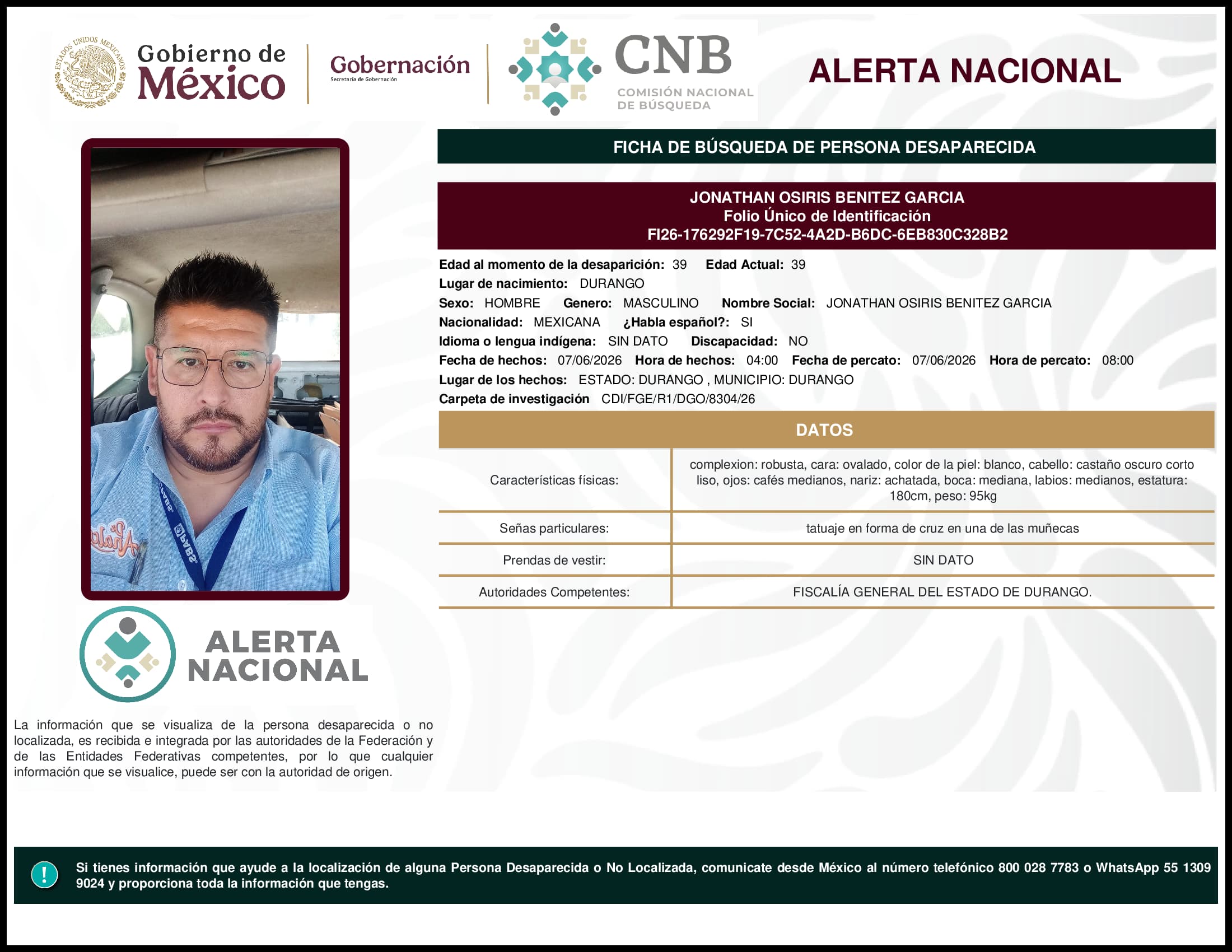 Persona desaparecida Jonathan Osiris Benitez Garcia