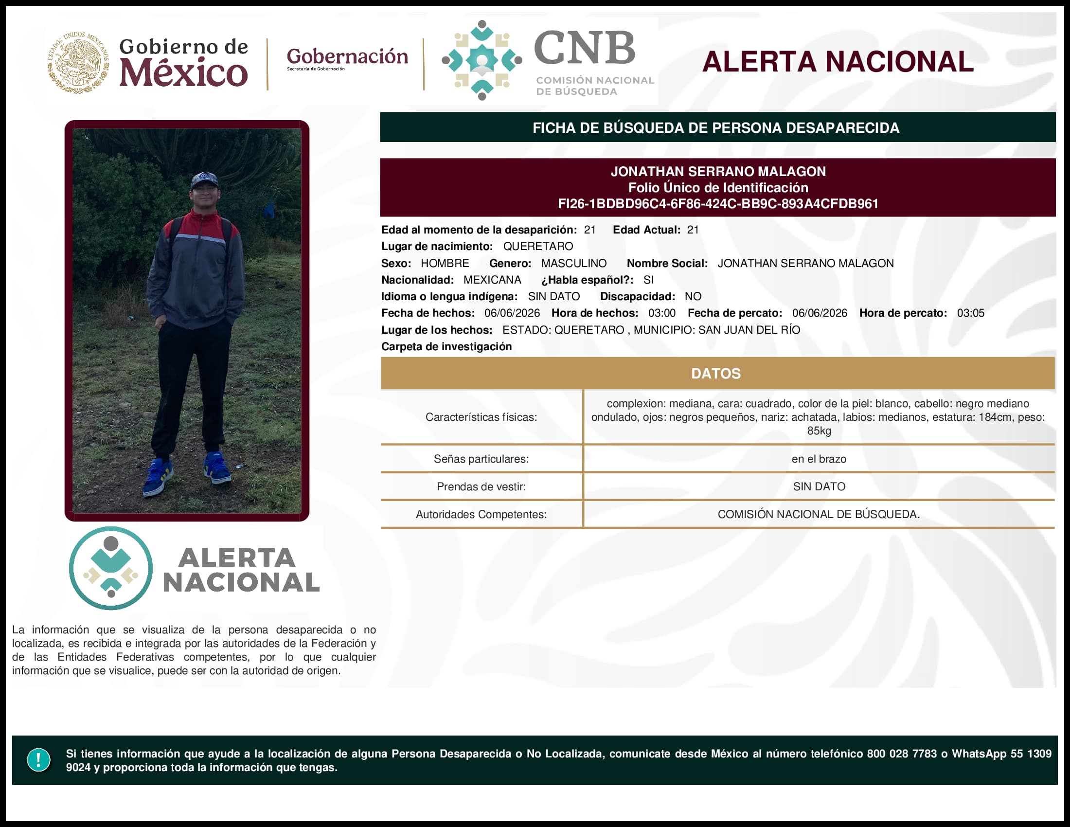 Persona desaparecida Jonathan Serrano Malagon