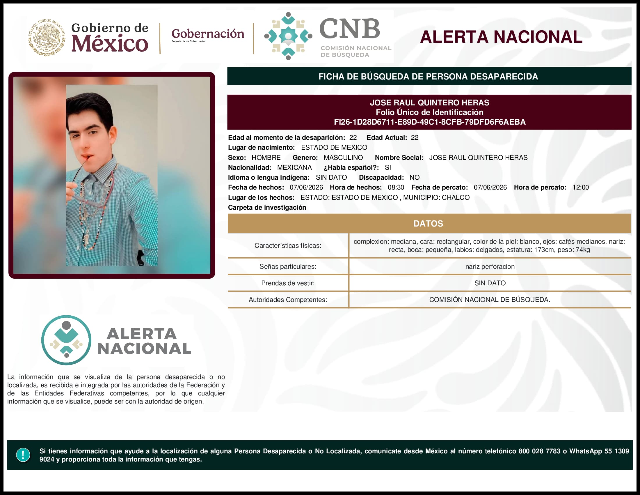 Persona desaparecida Jose Raul Quintero Heras