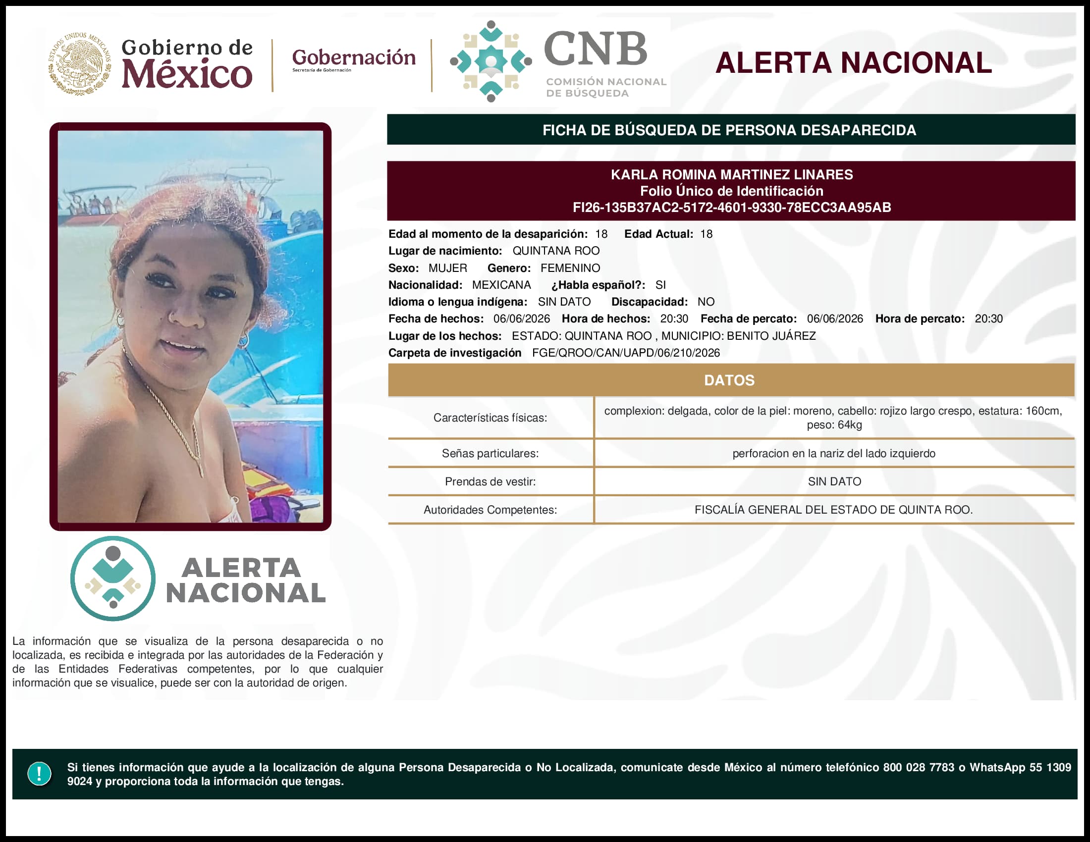Persona desaparecida Karla Romina Martinez Linares